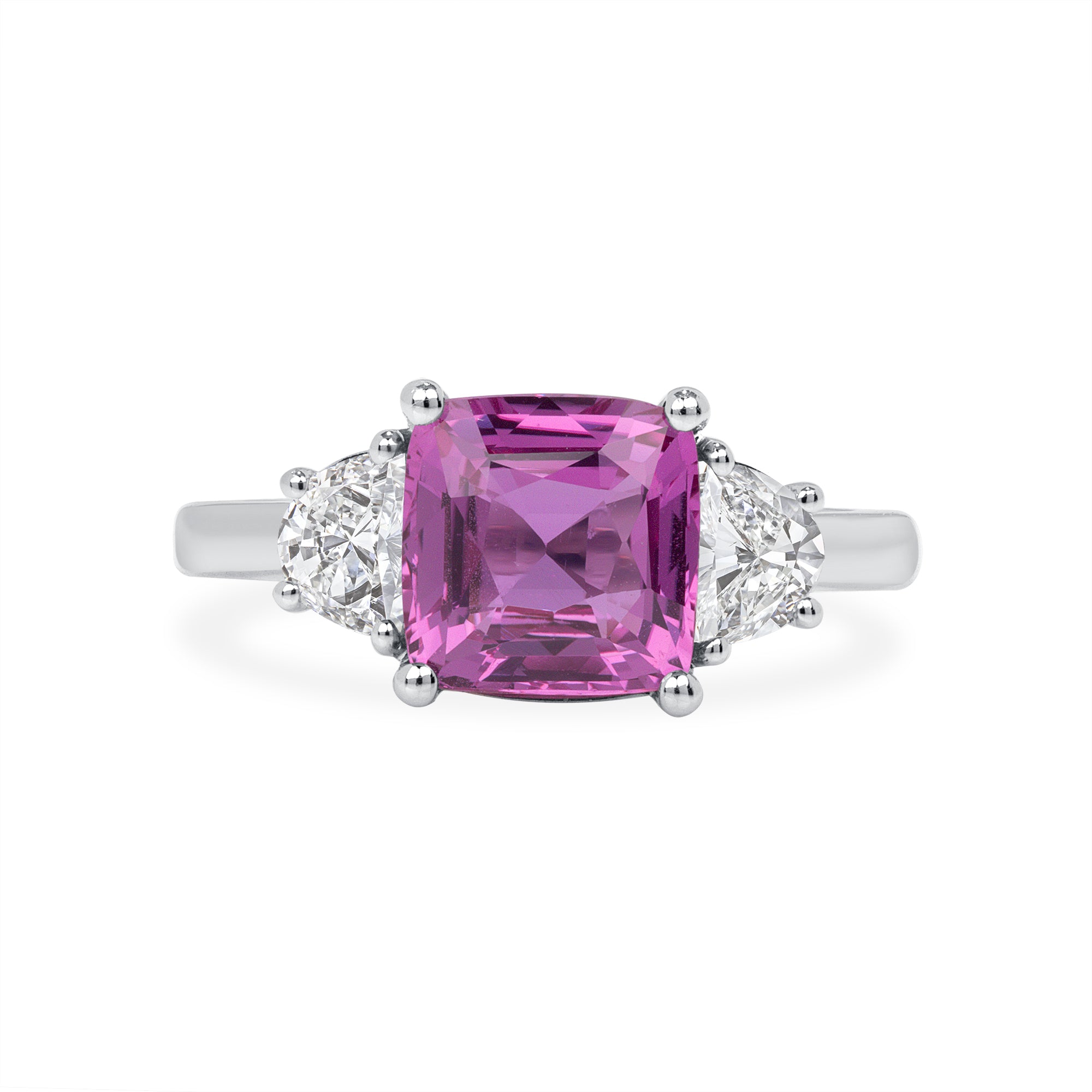 Pink Sapphire And Trapezoid Brilliant Cut Diamond Ring In Platinum