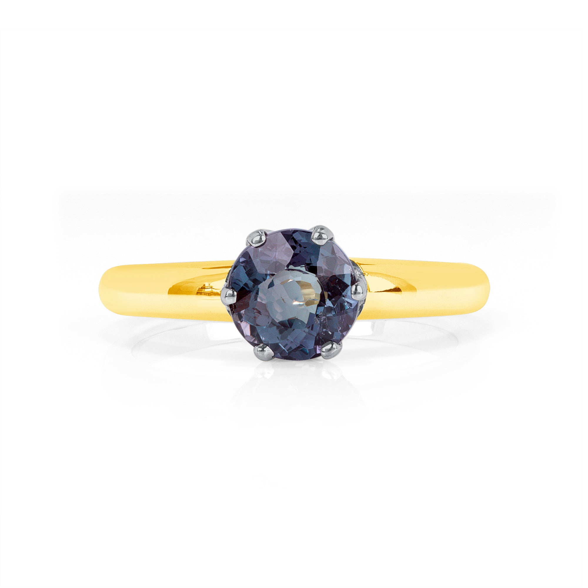 Round Brilliant Cut Alexandrite Ring In Platinum Ruthenium And 18 Karat Yellow Gold