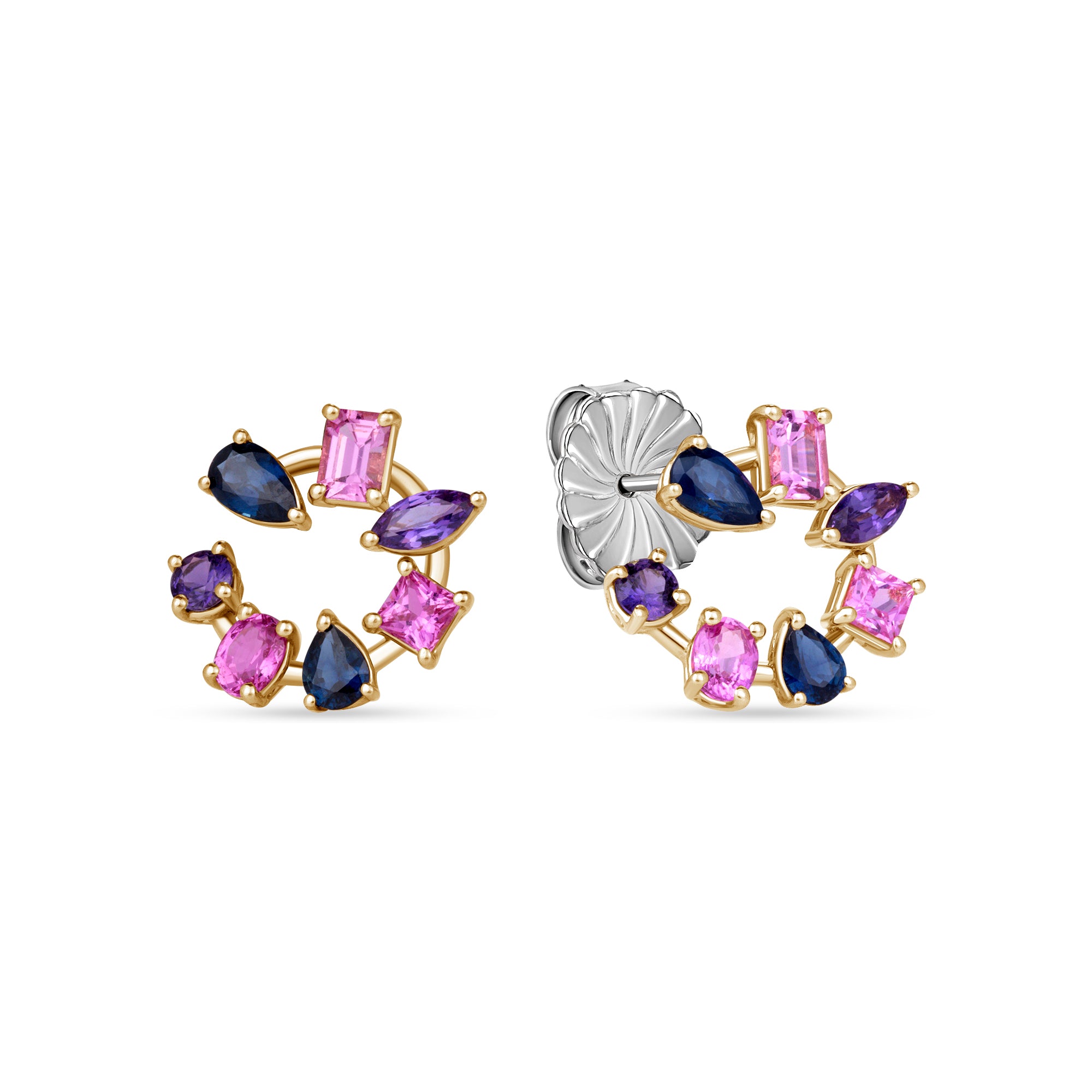 Multi-Shape Multi-Color Sapphire Open Circle Stud Earrings in 18K Yellow Gold