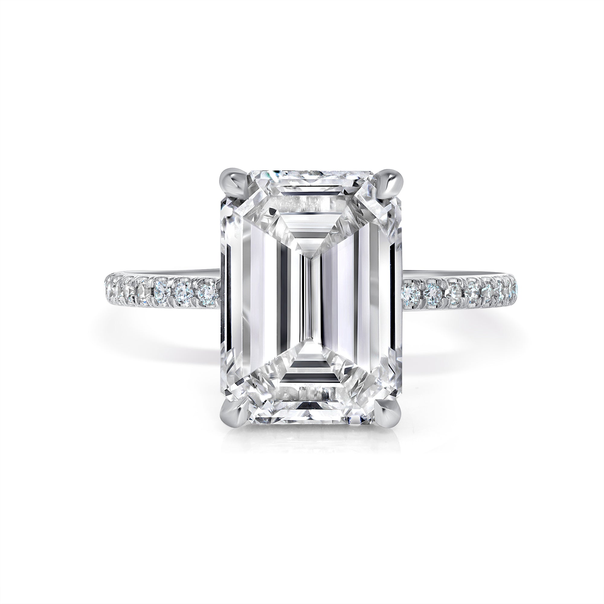 Emerald Cut Diamond Hidden Halo Engagement Ring with Pavé Band in Platinum Ruthenium