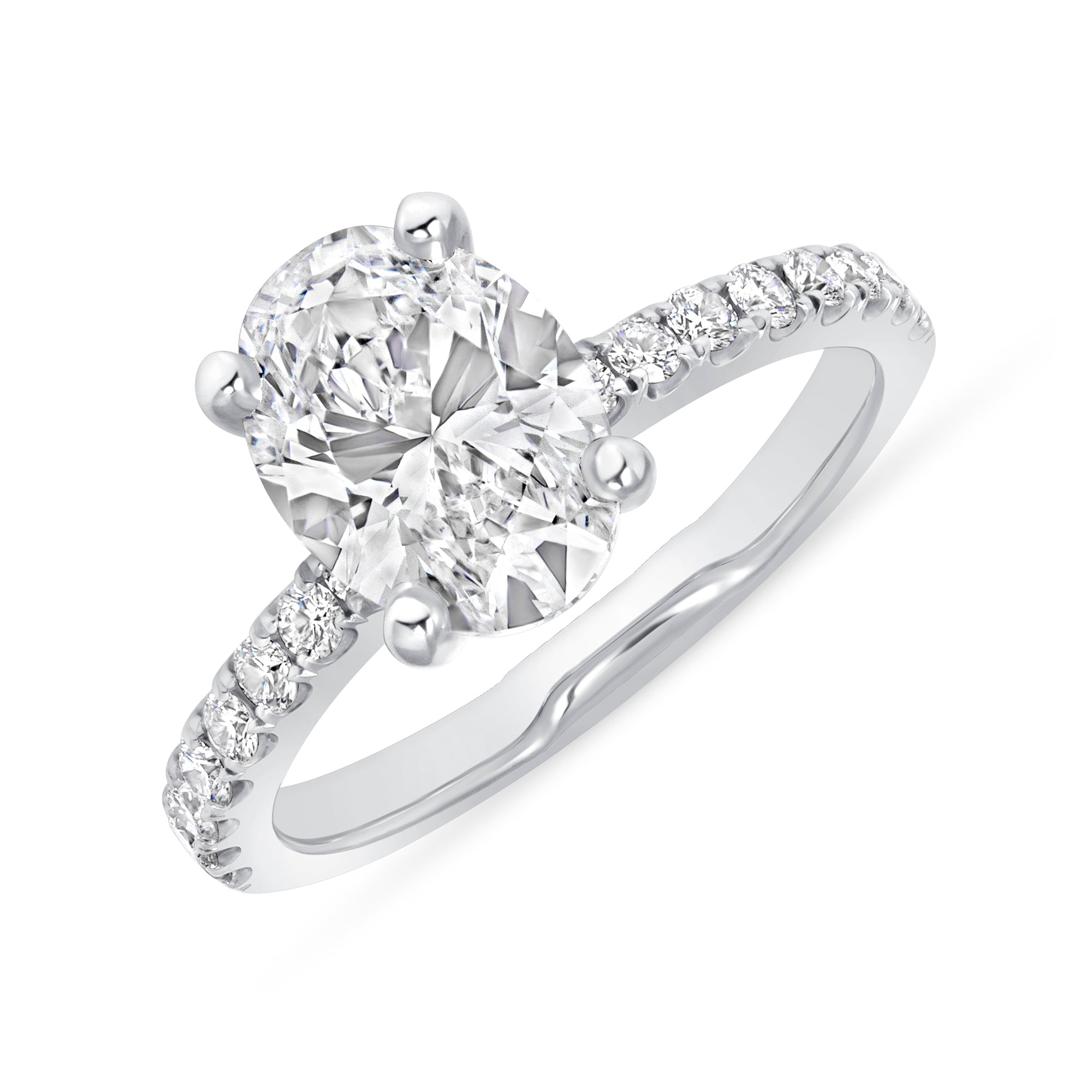 Oval Cut Diamond Ring with Pavé Band in Platinum