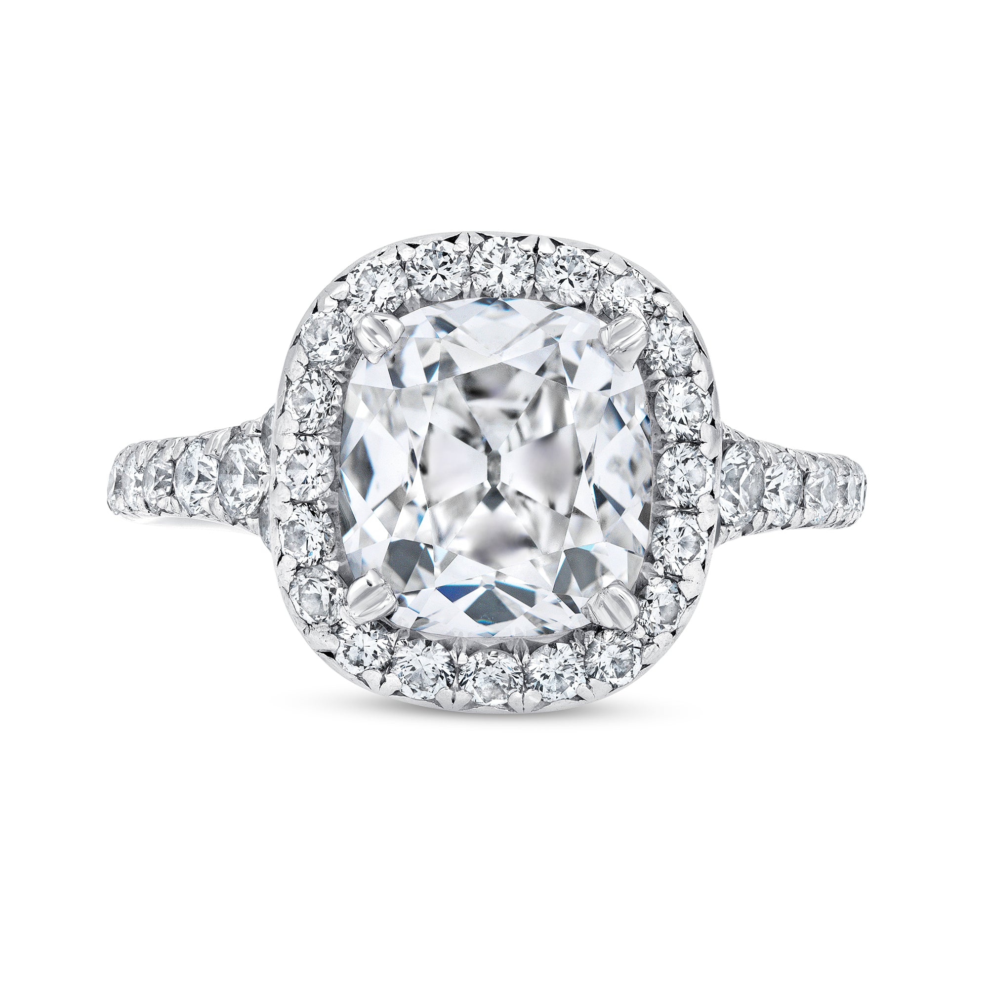 Cushion-Cut Diamond Halo Ring with Pavé Band in Platinum