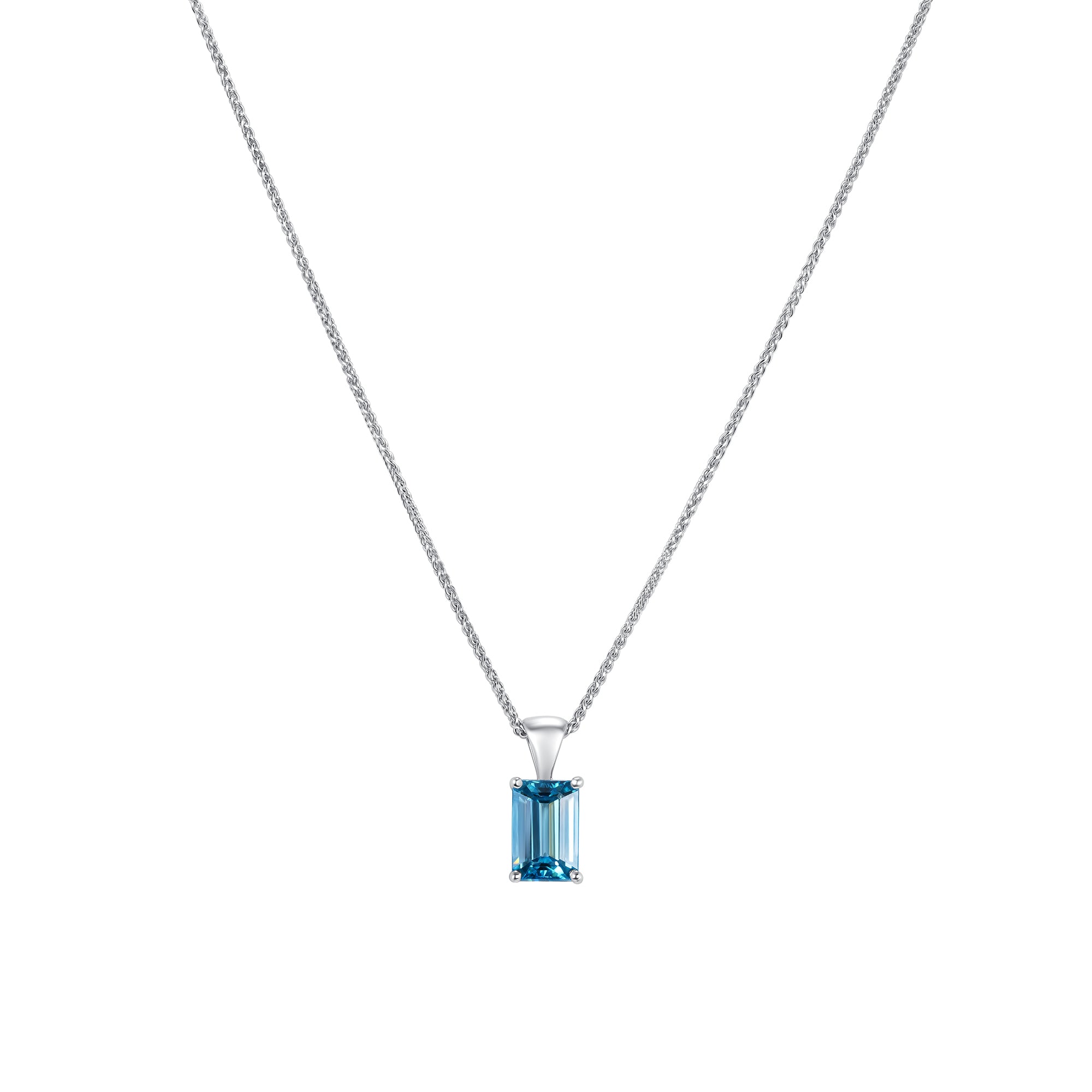 Emerald Cut Blue Topaz Pendant Necklace in 18K White Gold