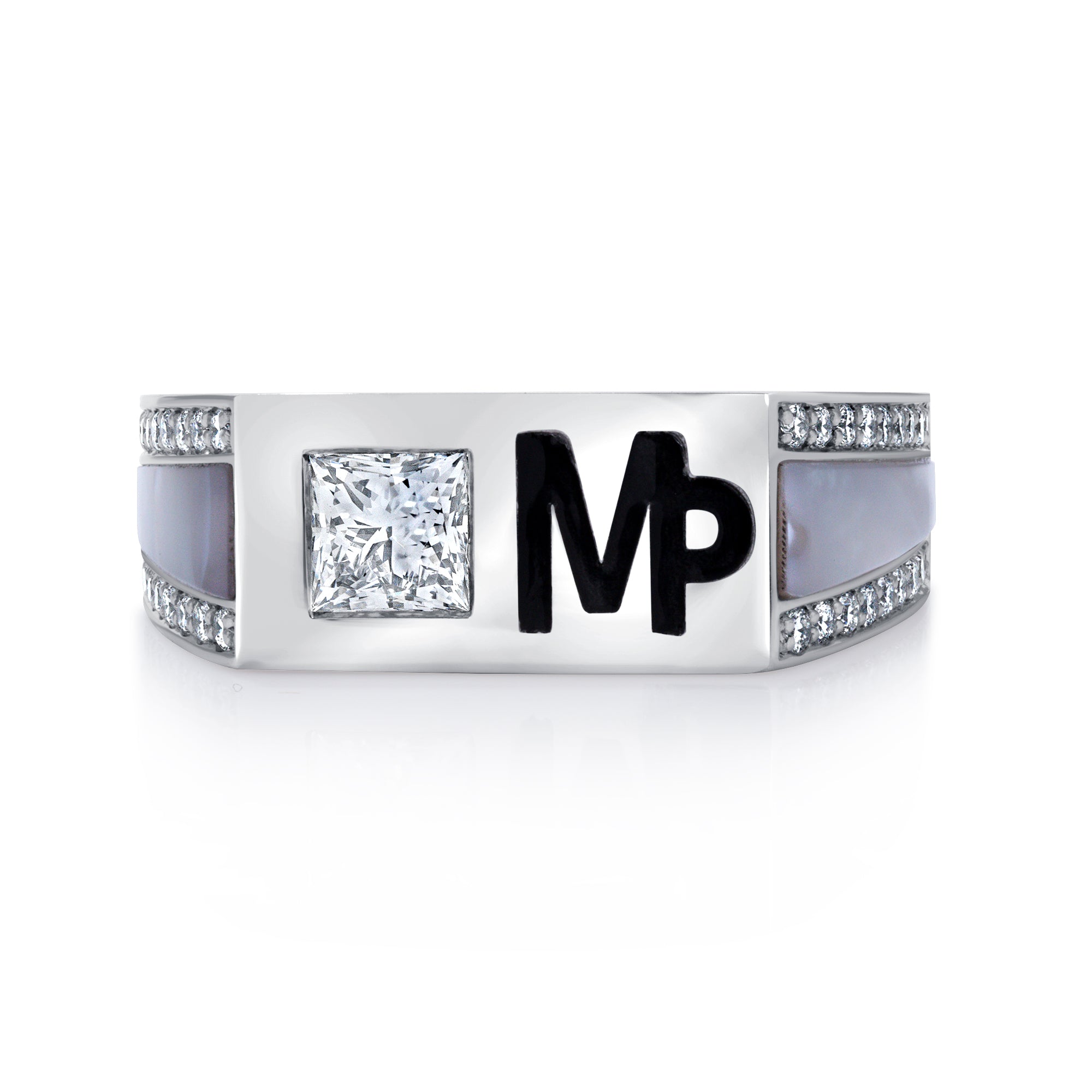 Princess Cut Diamond Signet Ring with 'MP' Initials & Side Blue Gemstone & Diamond Accents in White Gold