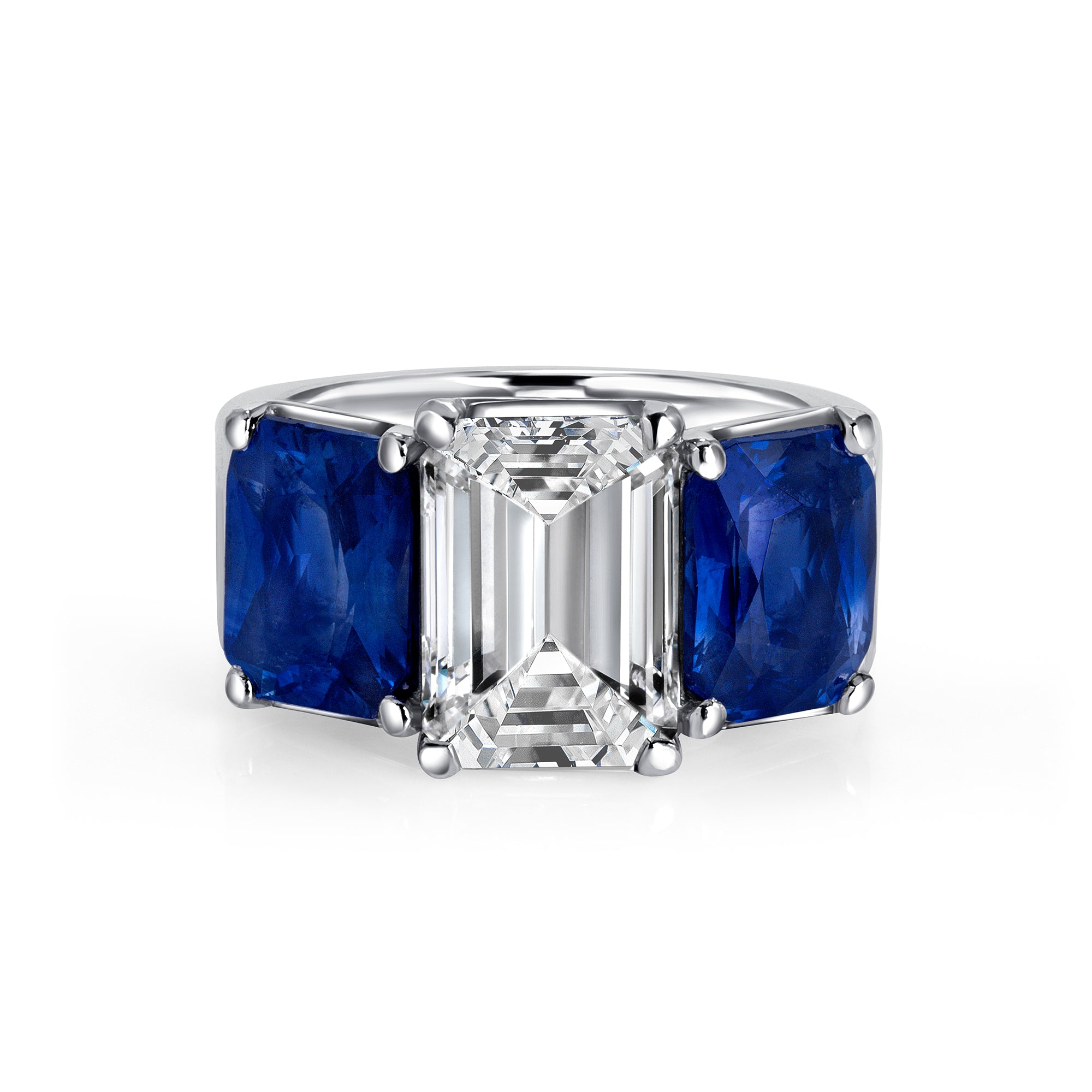 Emerald Cut Diamond Three Stone Ring with Emerald Cut Sapphire Side Stones in Platinum Ruthenium