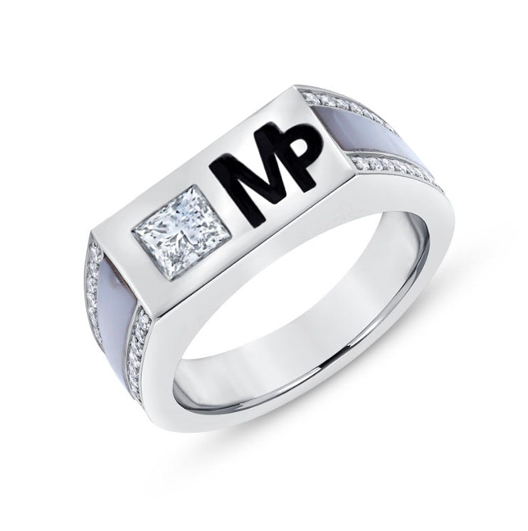 Princess Cut Diamond Signet Ring with 'MP' Initials & Side Blue Gemstone & Diamond Accents in White Gold