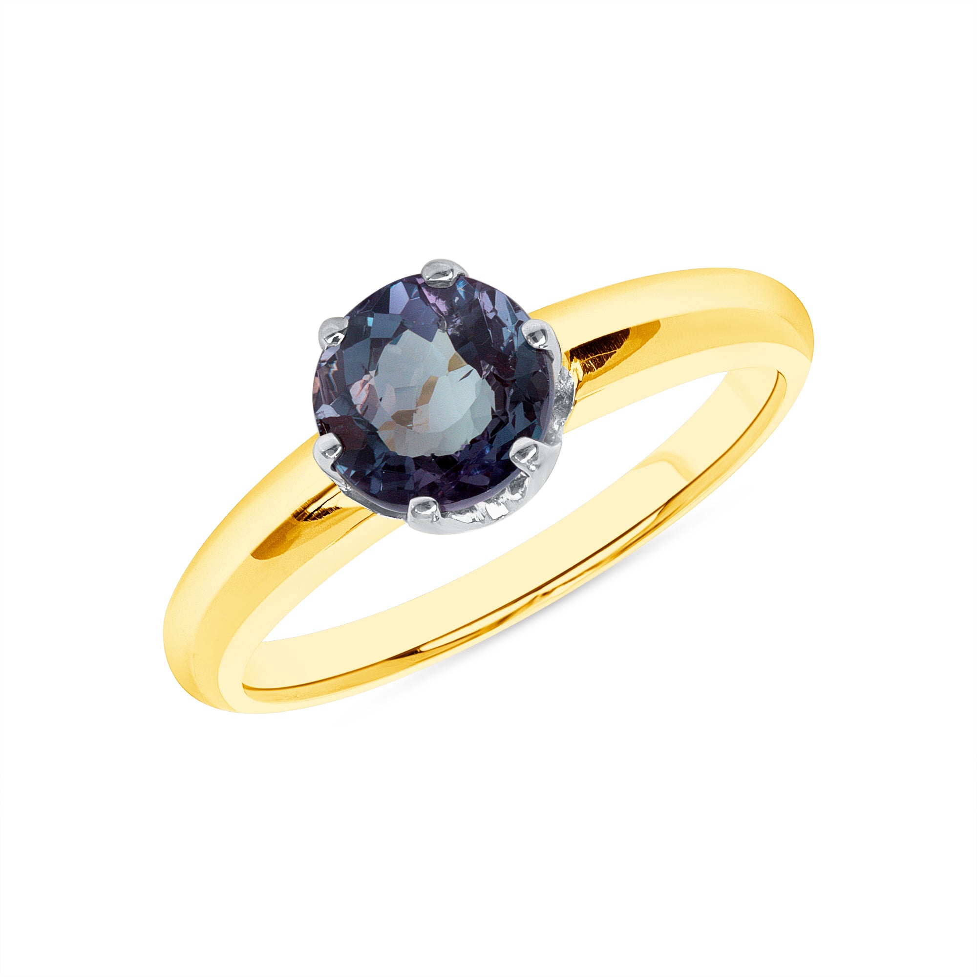 Round Brilliant Cut Alexandrite Ring In Platinum Ruthenium And 18 Karat Yellow Gold