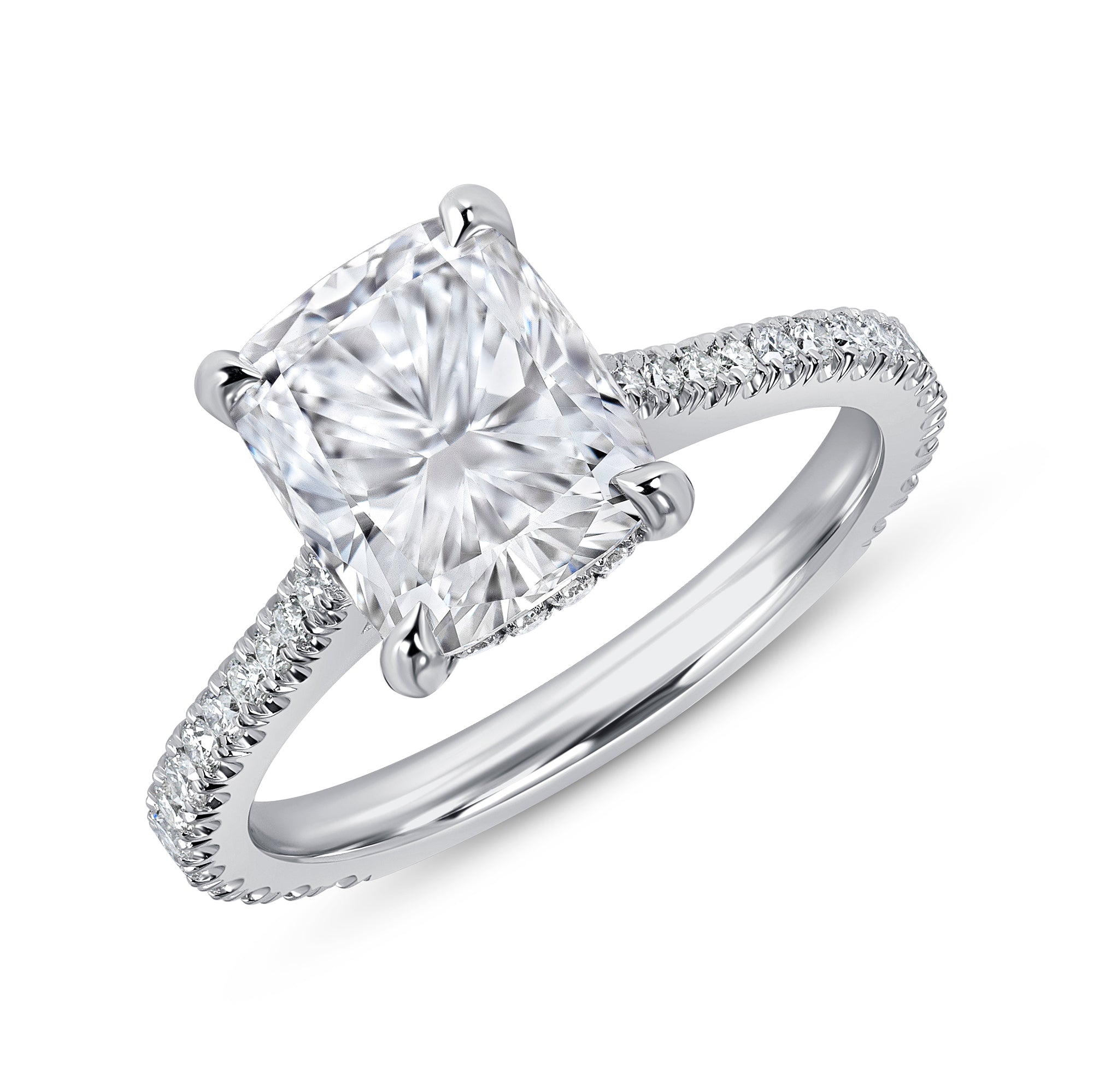 Radiant Cut Diamond Hidden Halo Ring with Pavé Band in Platinum