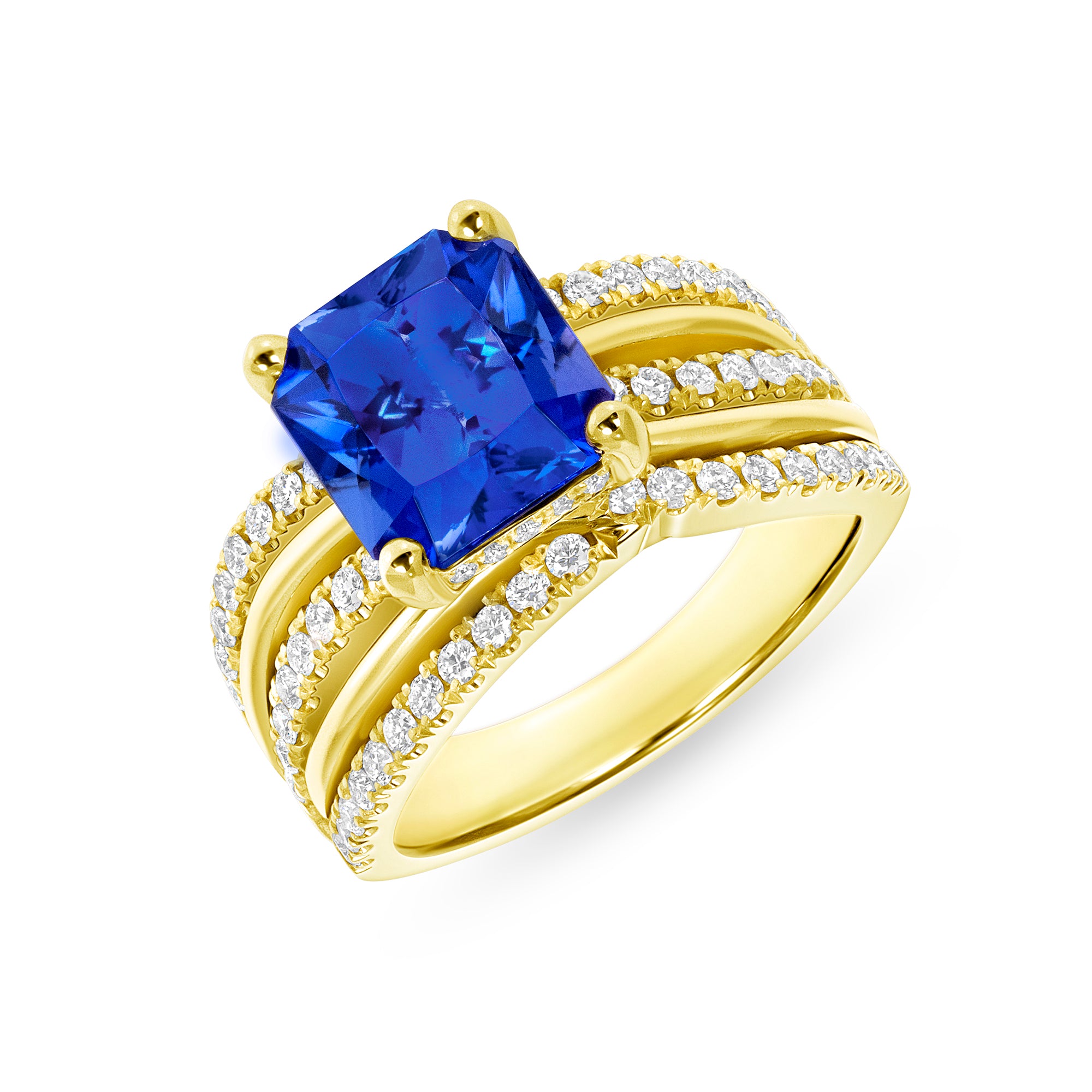 Cushion-Cut Blue Sapphire and Diamond Multi-Band Ring in 18K Yellow Gold