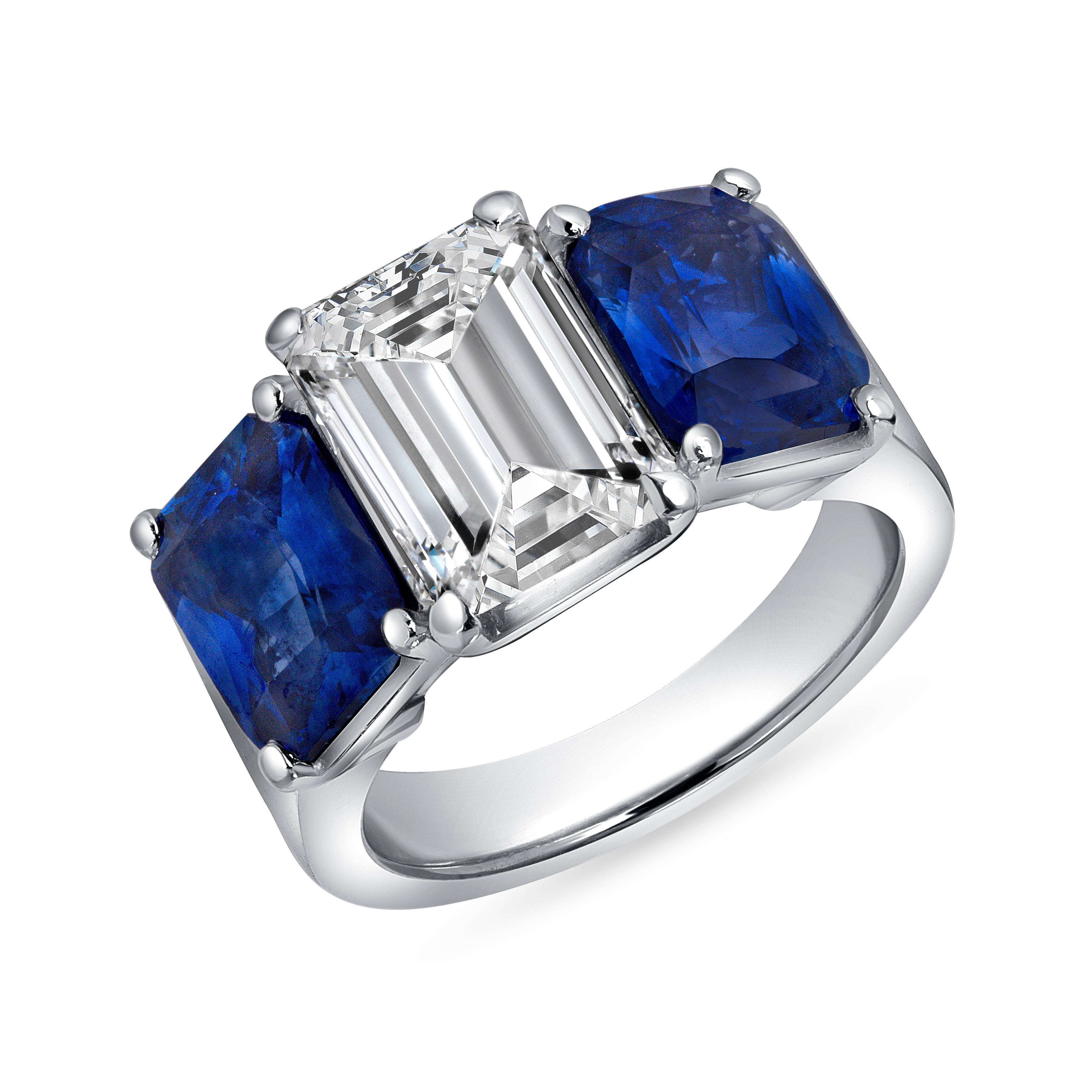 Emerald Cut Diamond Three Stone Ring with Emerald Cut Sapphire Side Stones in Platinum Ruthenium