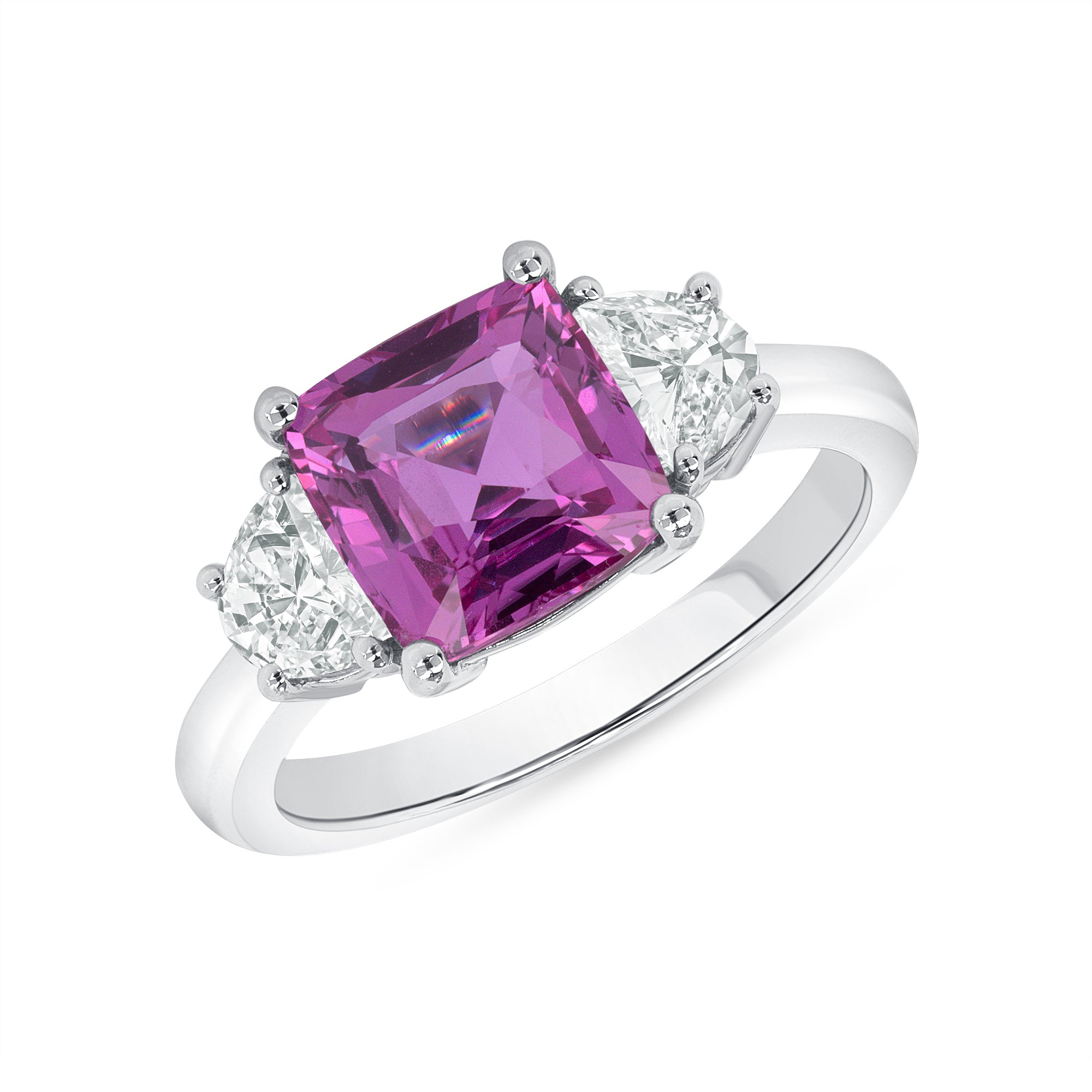 Pink Sapphire And Trapezoid Brilliant Cut Diamond Ring In Platinum