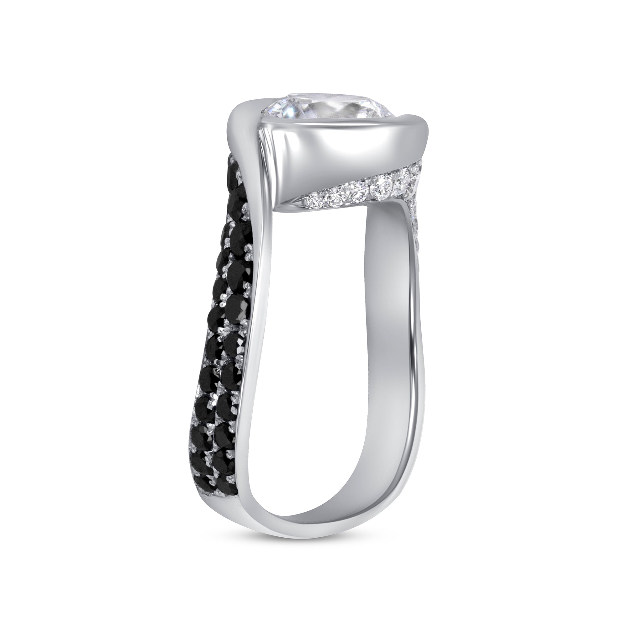 Bezel Set Round Diamond Ring with Black and White Diamonds in 18K White Gold