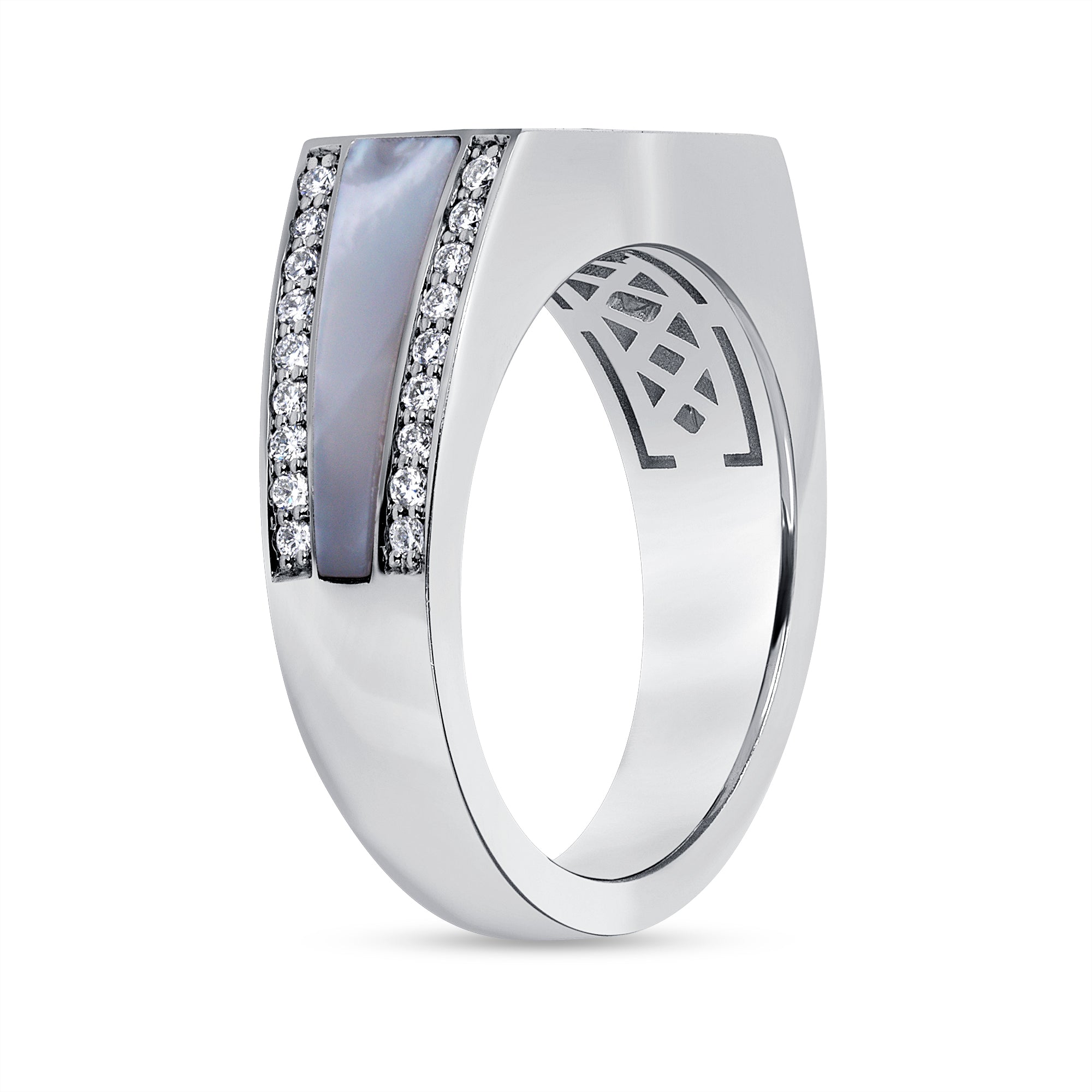Princess Cut Diamond Signet Ring with 'MP' Initials & Side Blue Gemstone & Diamond Accents in White Gold