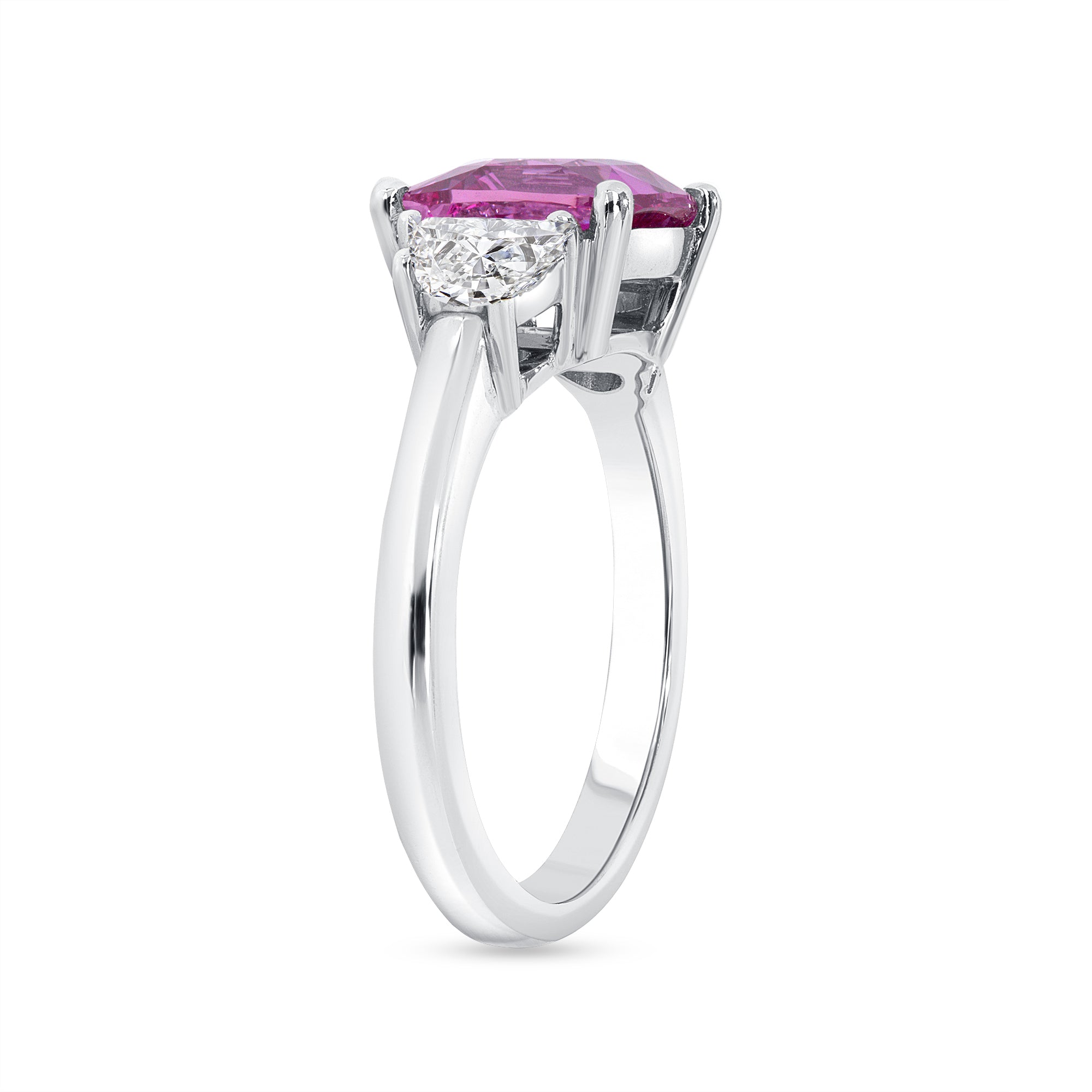 Pink Sapphire And Trapezoid Brilliant Cut Diamond Ring In Platinum