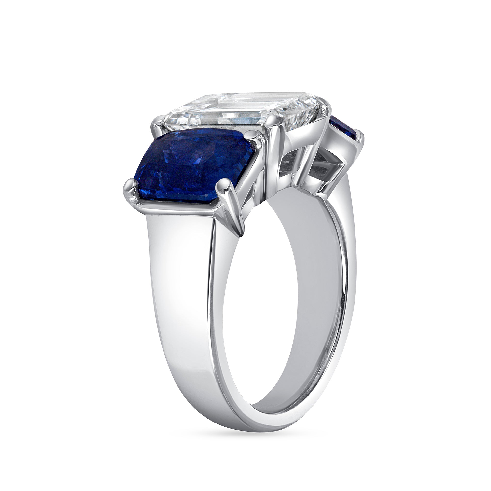 Emerald Cut Diamond Three Stone Ring with Emerald Cut Sapphire Side Stones in Platinum Ruthenium