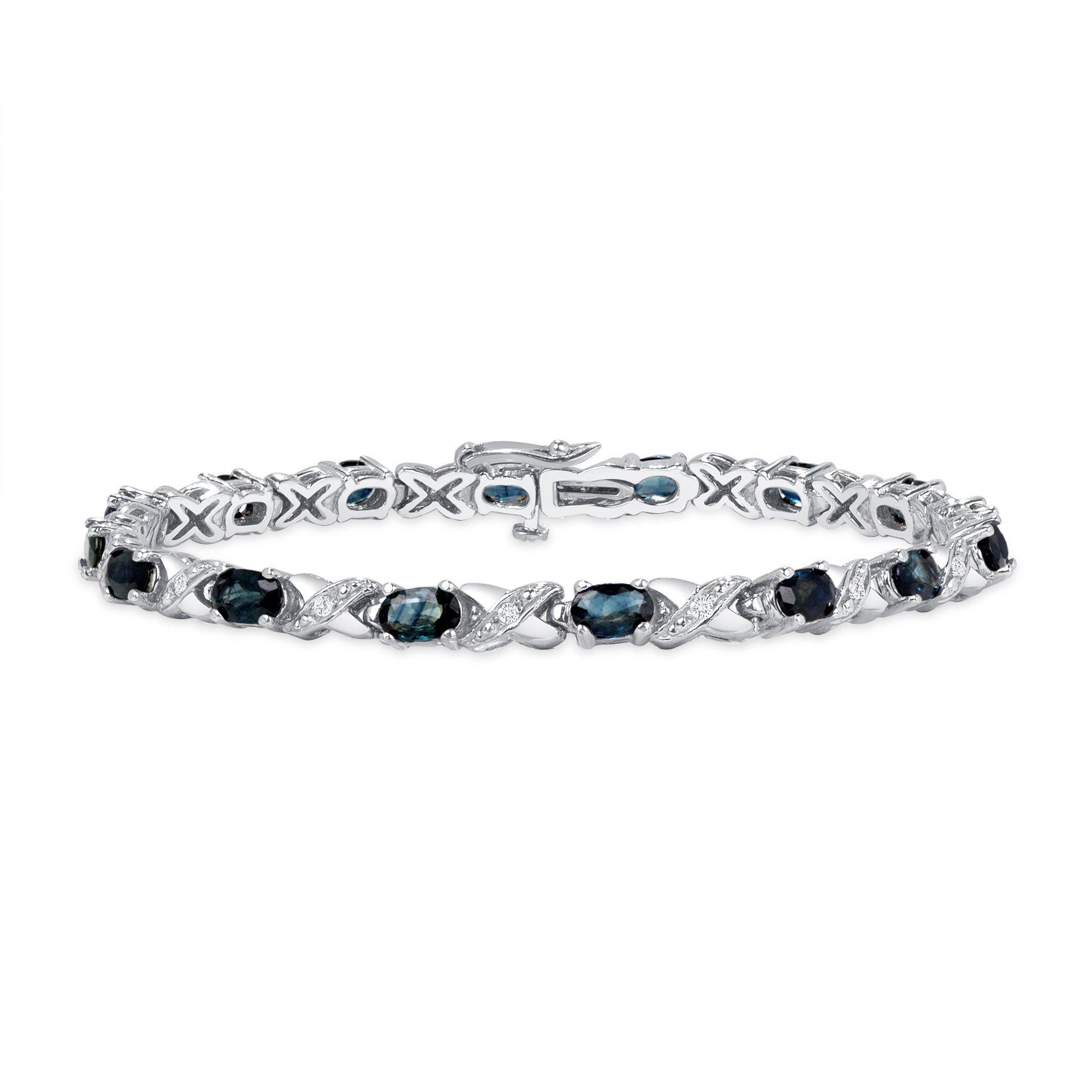 Oval Blue Sapphire and Diamond Tennis Bracelet in 14K White Go