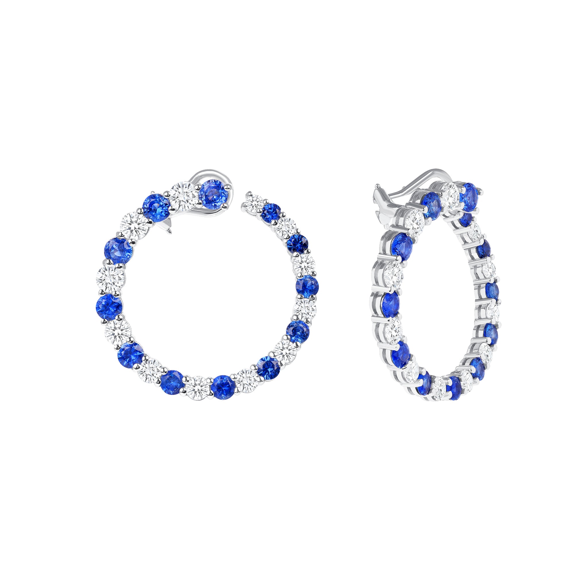 Diamond And Blue Sapphire Circle Earrings In 18 Karat White Gold