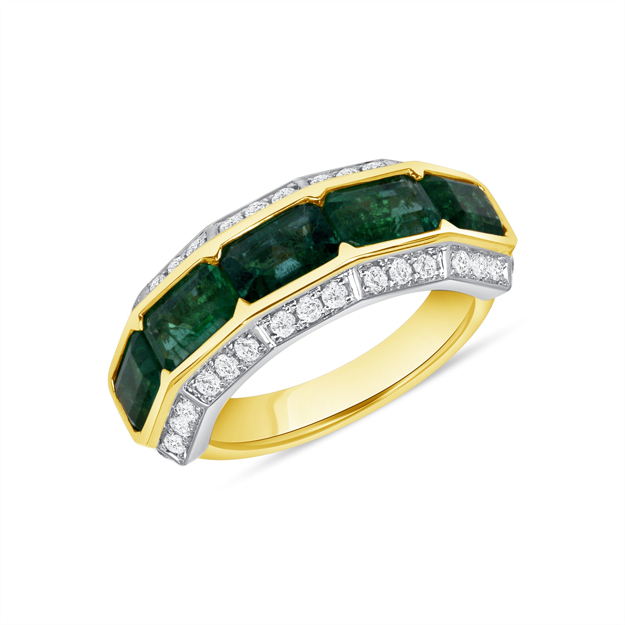 Emerald and Diamond Layered Channel Set Ring in 14K Yellow Gold