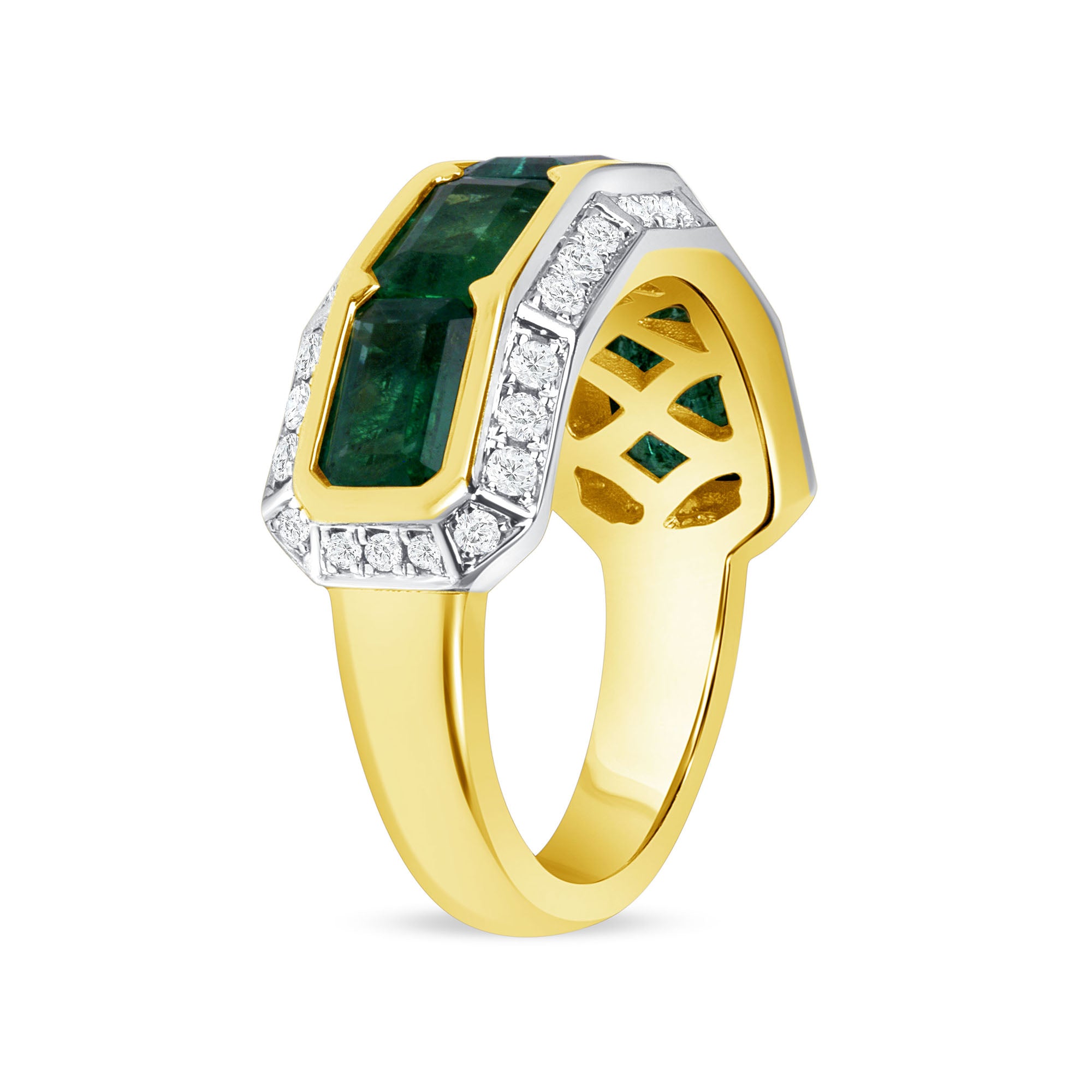 Emerald and Diamond Layered Channel Set Ring in 14K Yellow Gold