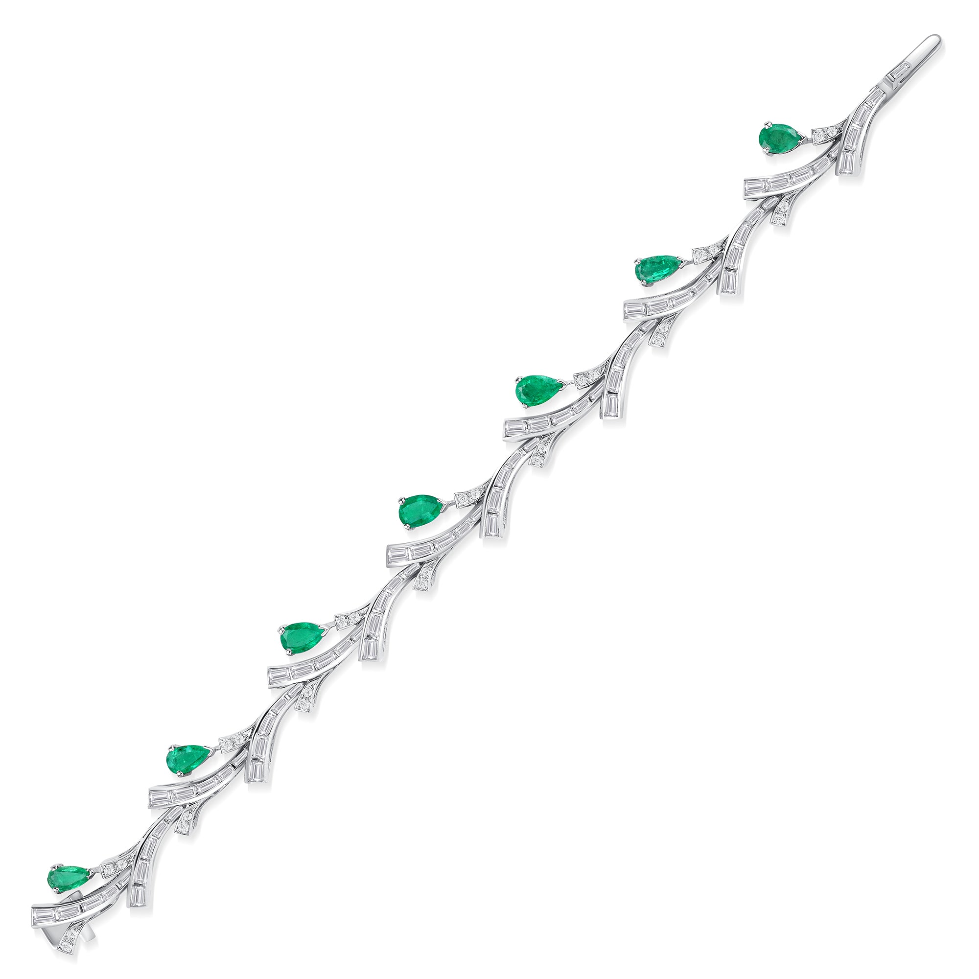 Diamond Baguette And Pear Shape Green Emerald Bracelet