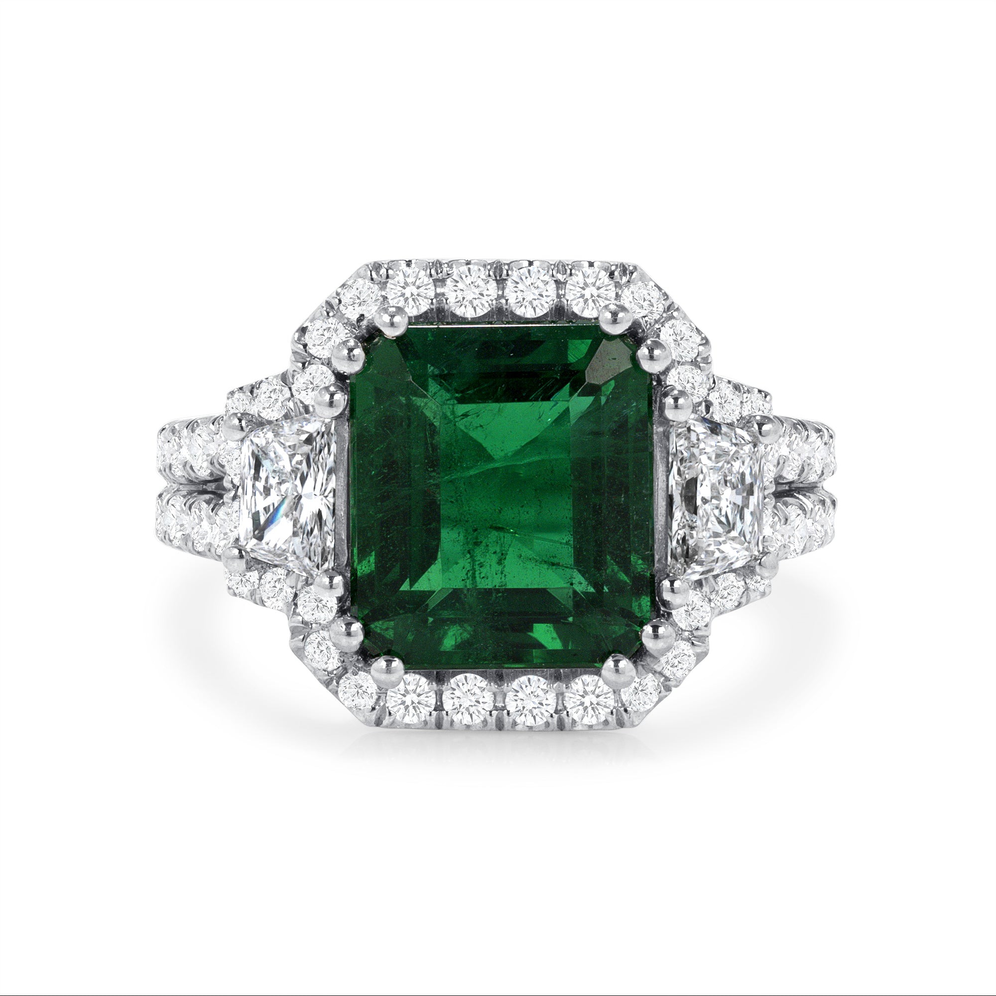 Emerald Cut Green Emerald Diamond Halo Ring In Platinum