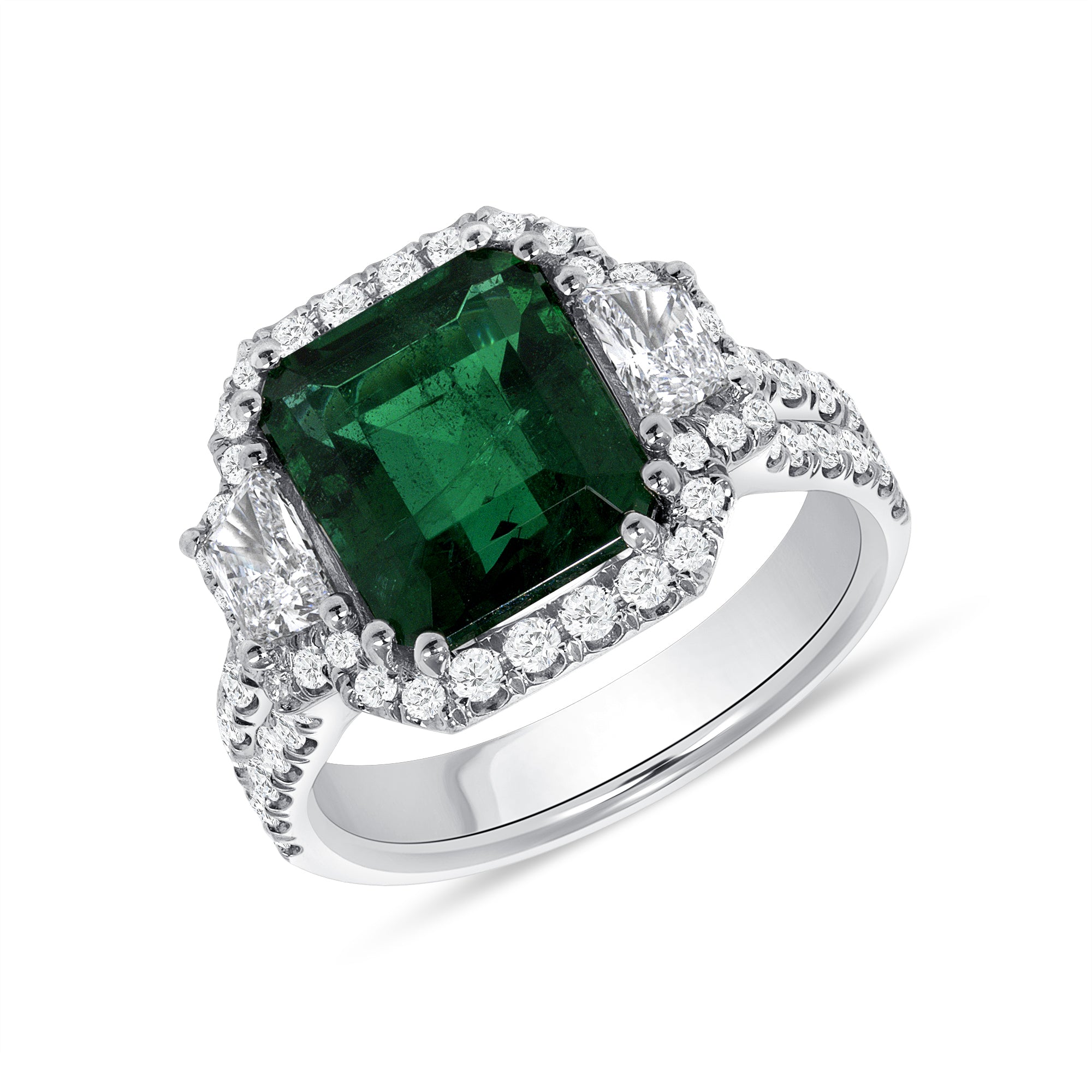 Emerald Cut Green Emerald Diamond Halo Ring In Platinum