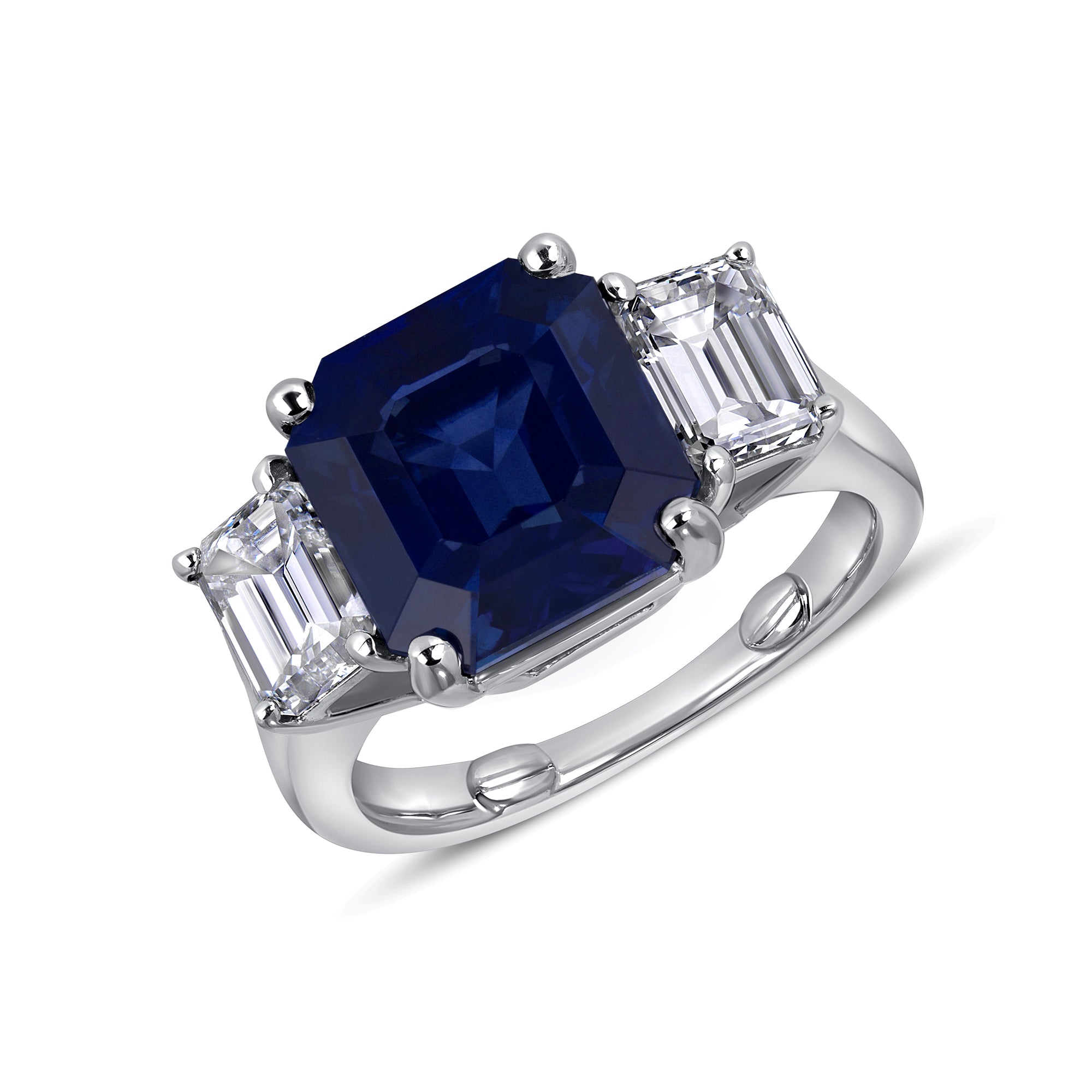 Asscher Cut Blue Sapphire Three Stone Ring with Emerald Cut Diamond Side Stones in Platinum Ruthenium