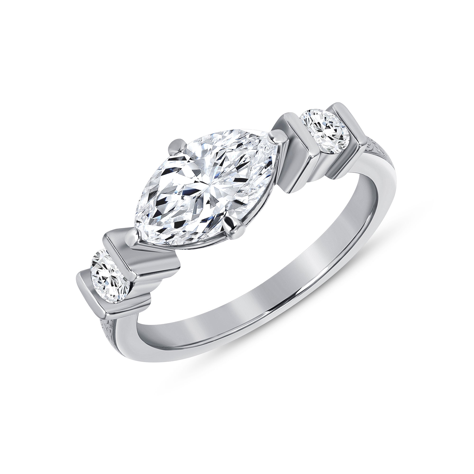 Marquise And Round Diamond Three Stone Ring In Platinum Ruthenium