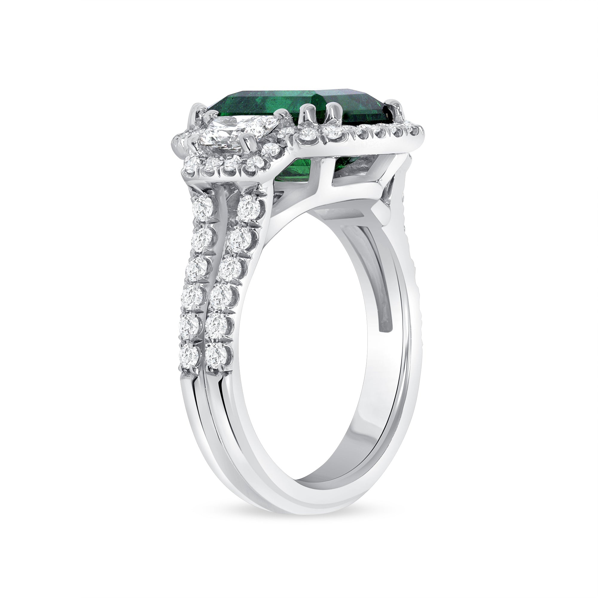 Emerald Cut Green Emerald Diamond Halo Ring In Platinum