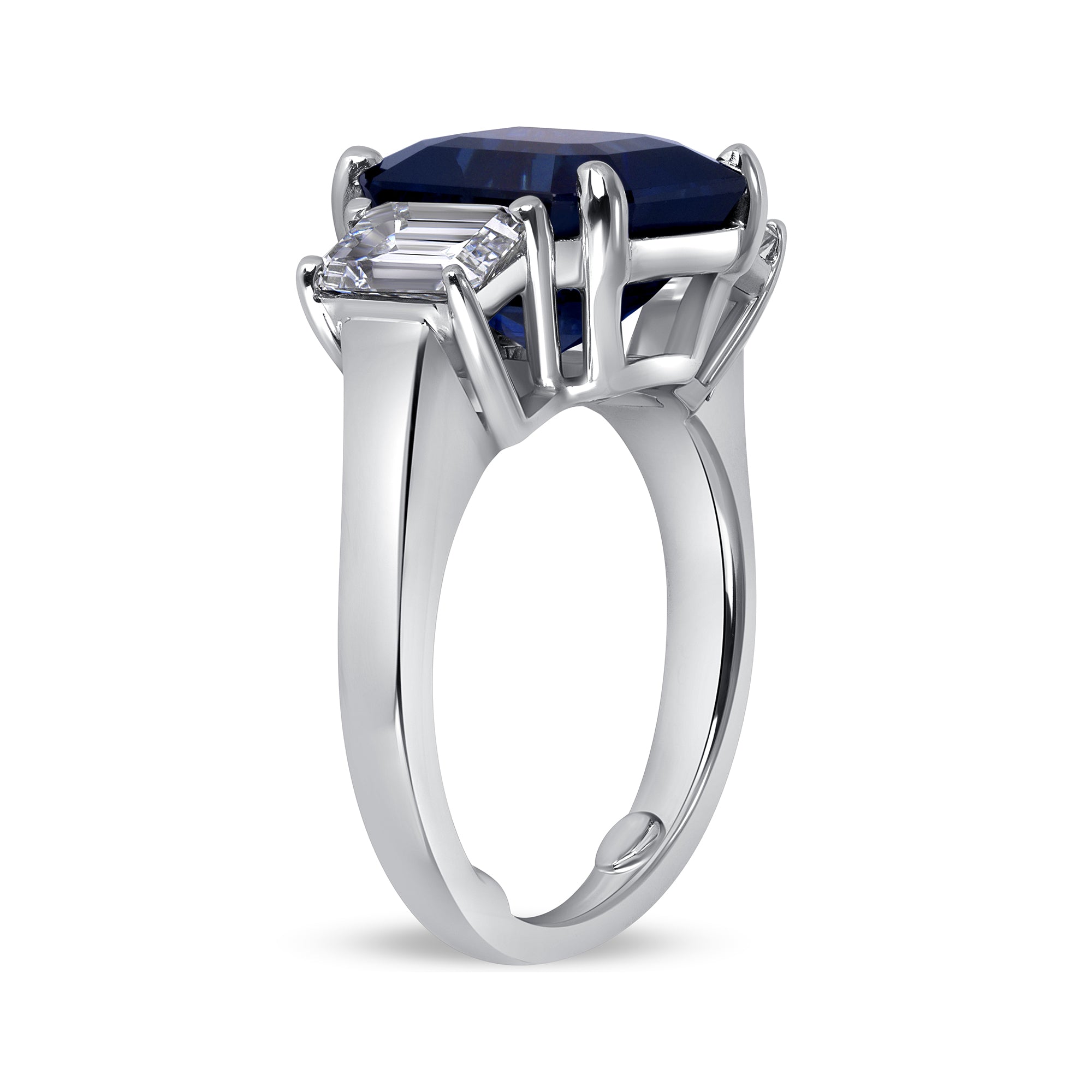 Asscher Cut Blue Sapphire Three Stone Ring with Emerald Cut Diamond Side Stones in Platinum Ruthenium