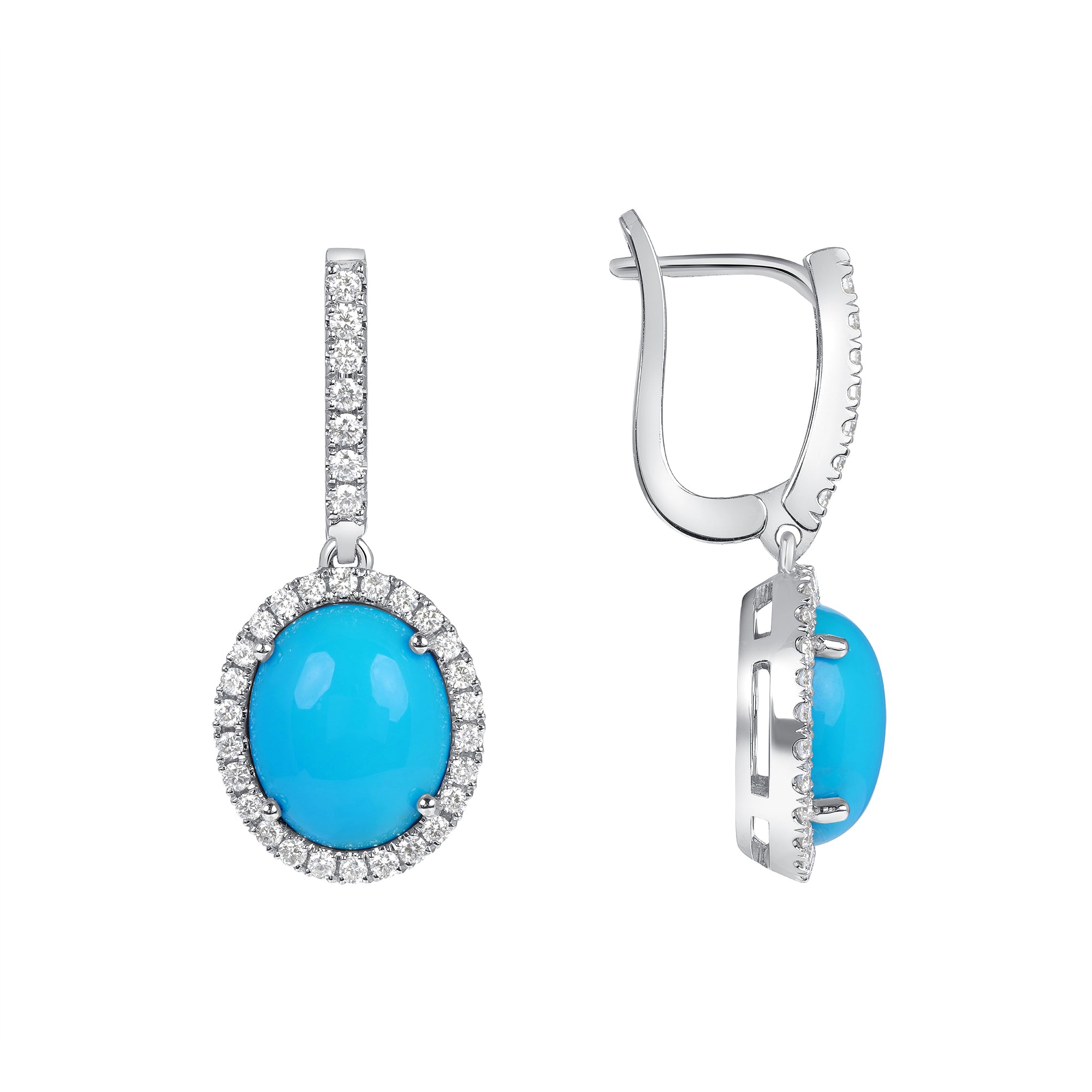 Turquoise And Diamond Halo Earrings In 18 Karat White Gold