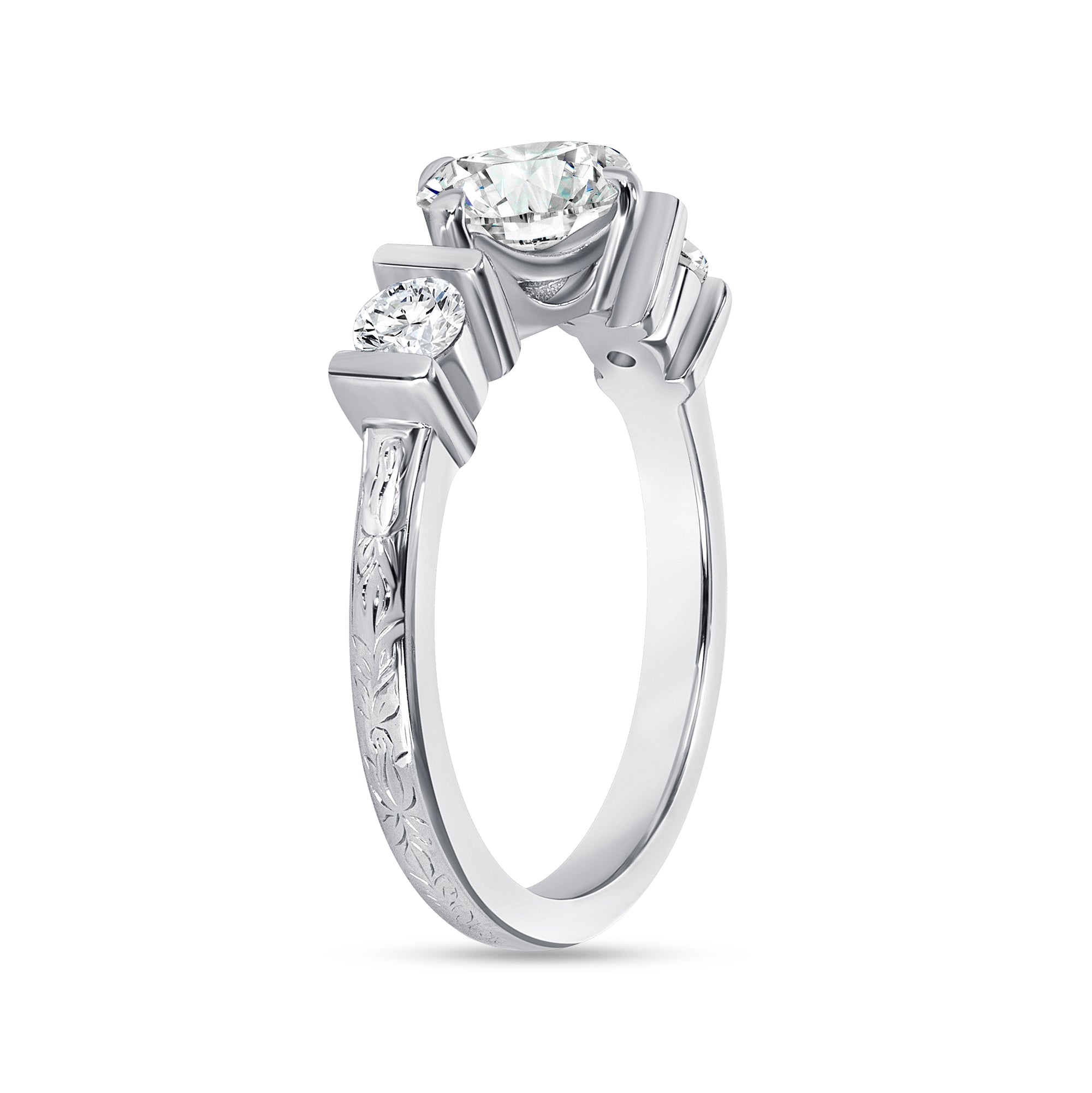 Marquise And Round Diamond Three Stone Ring In Platinum Ruthenium