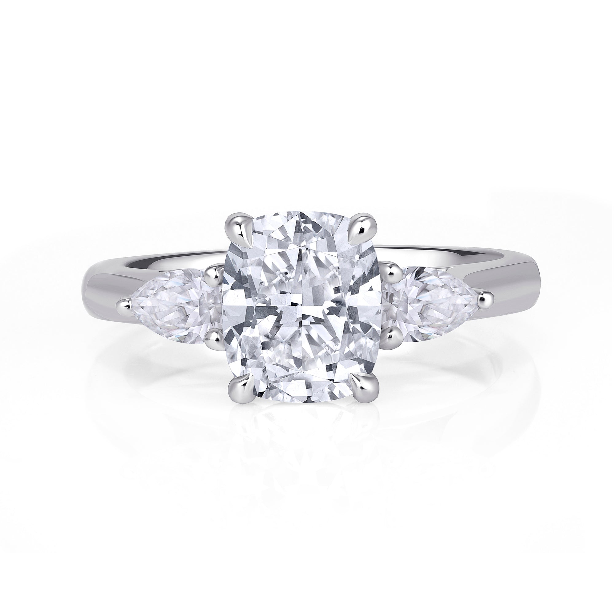Cushion Cut Diamond Three Stone Ring with Trillion Cut Diamond Side Stones in Platinum Ruthenium