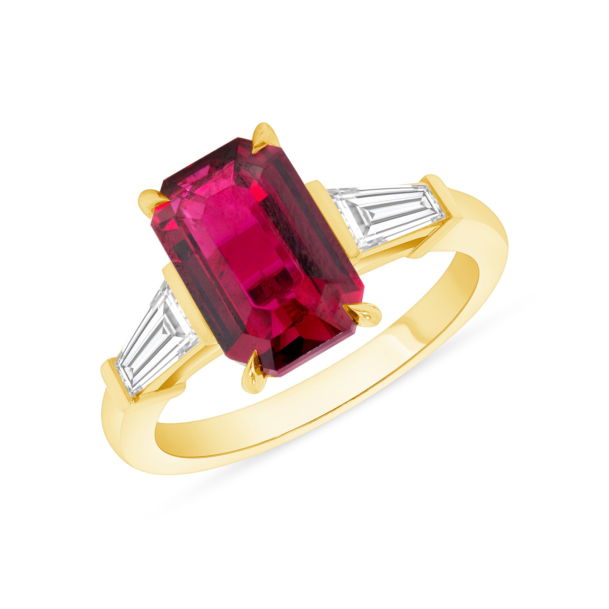Ruby And Diamond Tapered Baguette Three Stone Ring In 18 Karat Yellow Gold