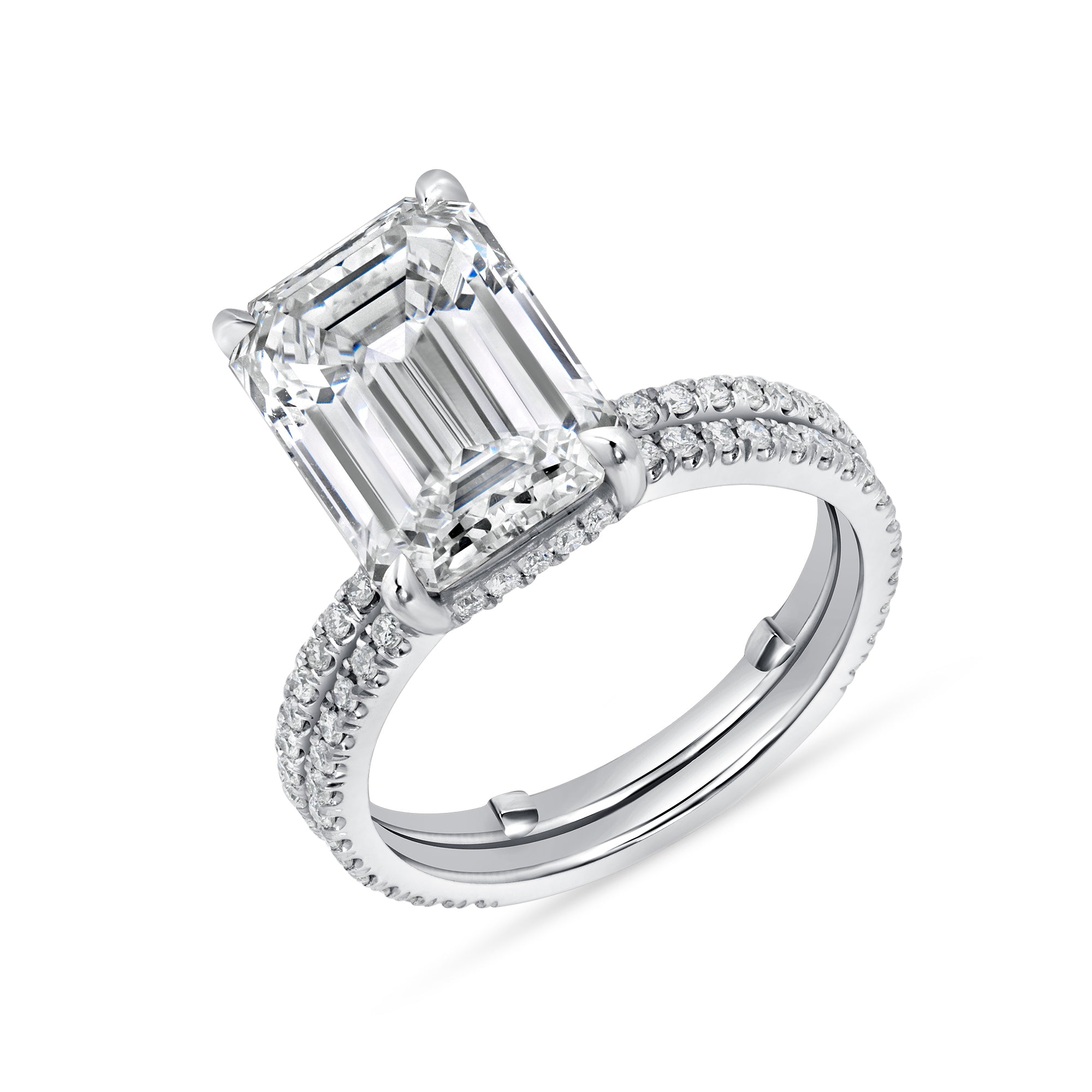 Emerald Cut Diamond Hidden Halo Bridal Set with Pavé Band in Platinum Ruthenium