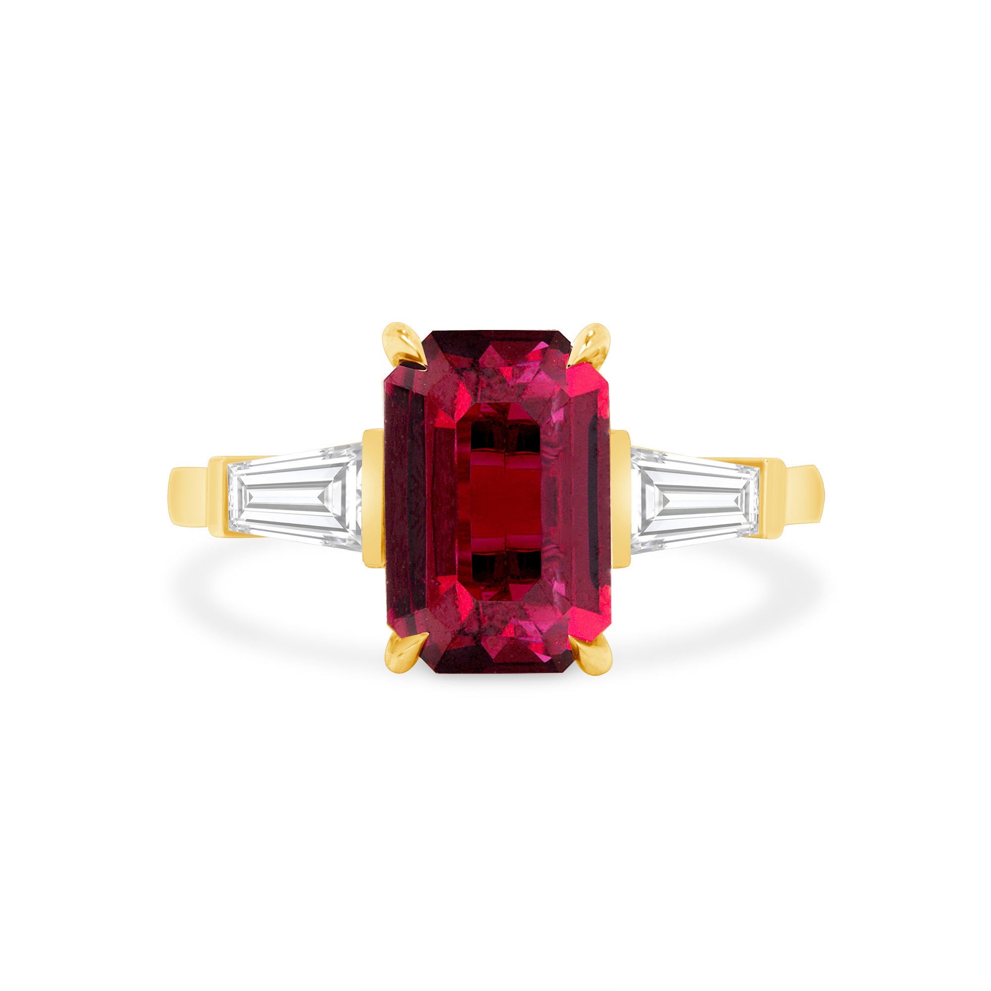 Ruby And Diamond Tapered Baguette Three Stone Ring In 18 Karat Yellow Gold