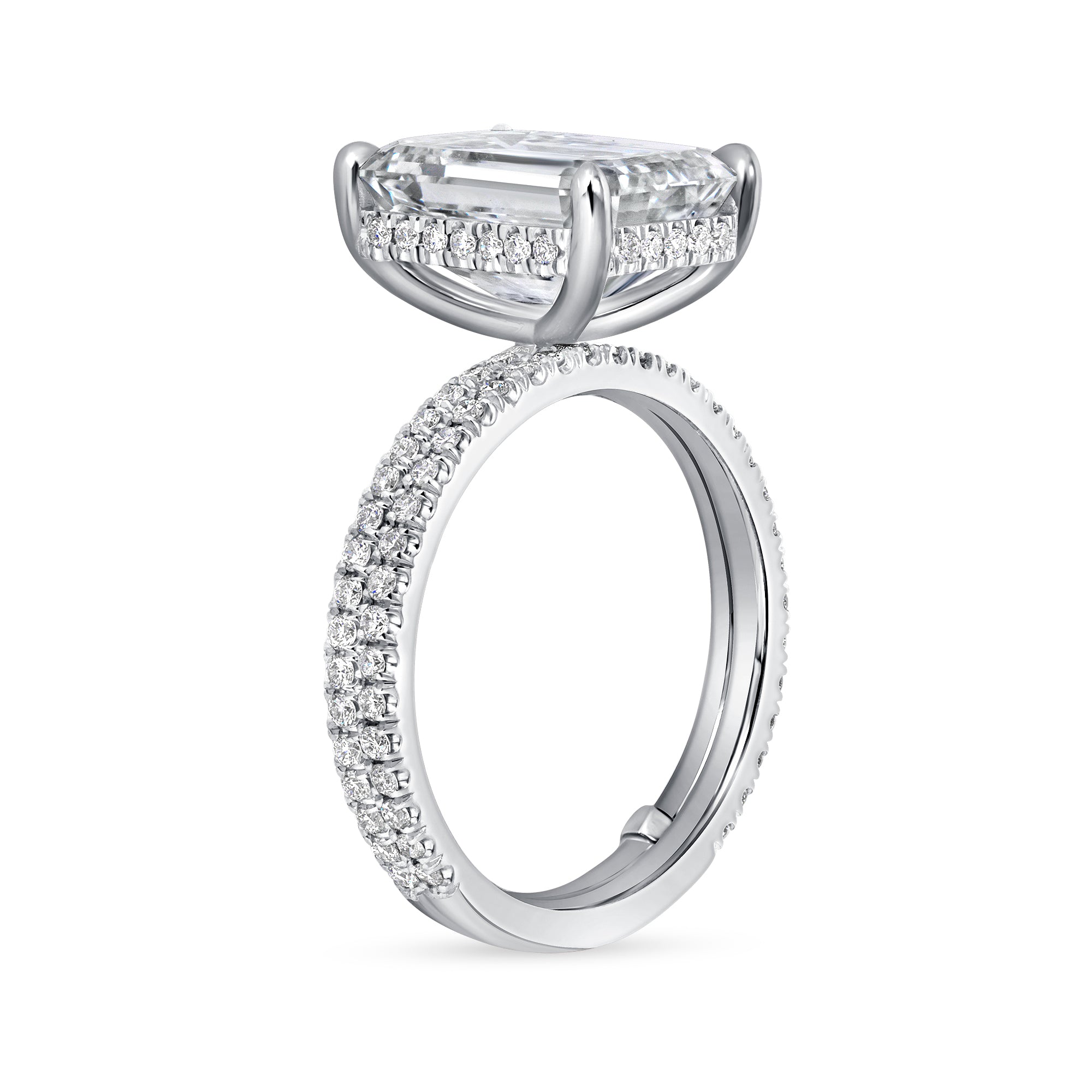 Emerald Cut Diamond Hidden Halo Bridal Set with Pavé Band in Platinum Ruthenium