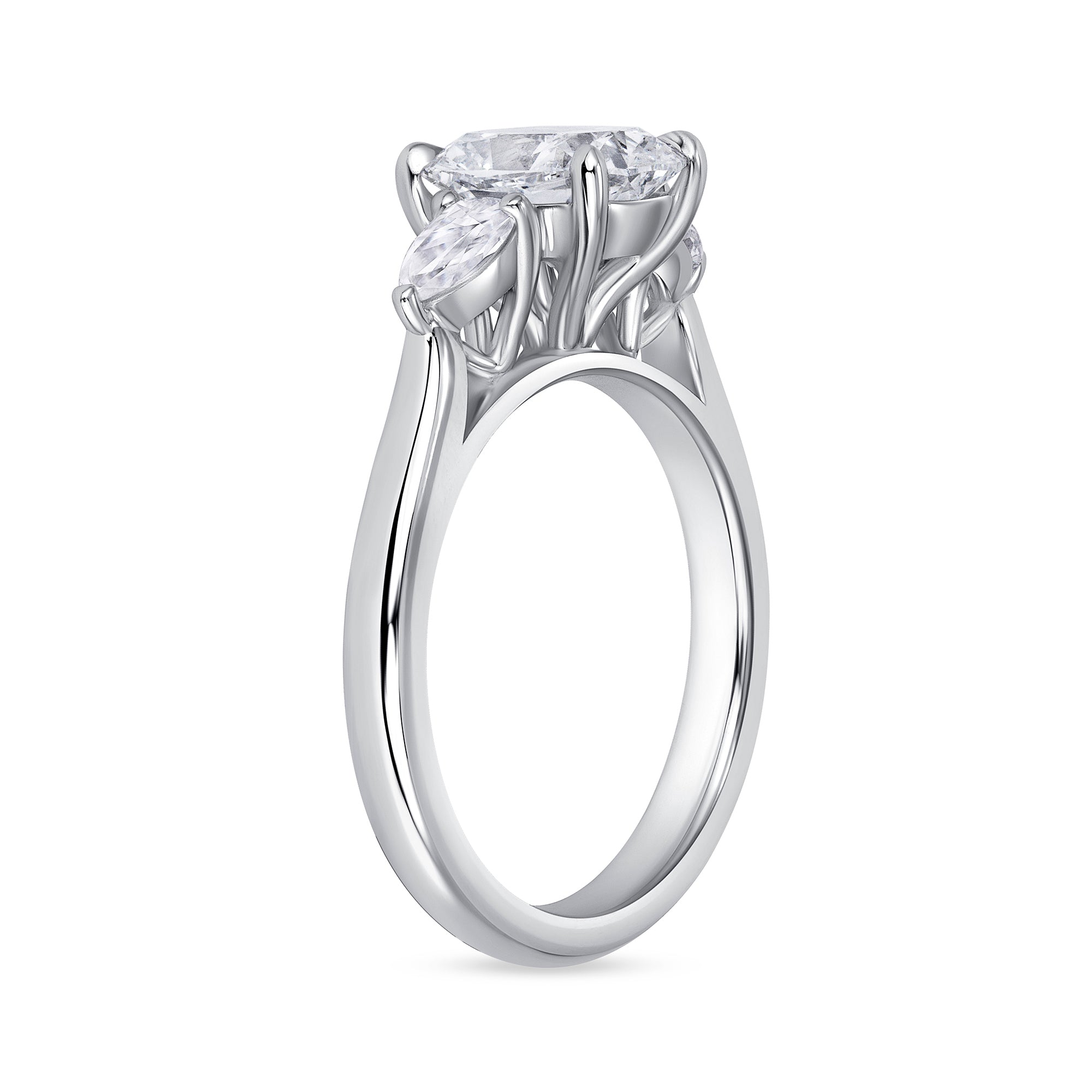 Cushion Cut Diamond Three Stone Ring with Trillion Cut Diamond Side Stones in Platinum Ruthenium