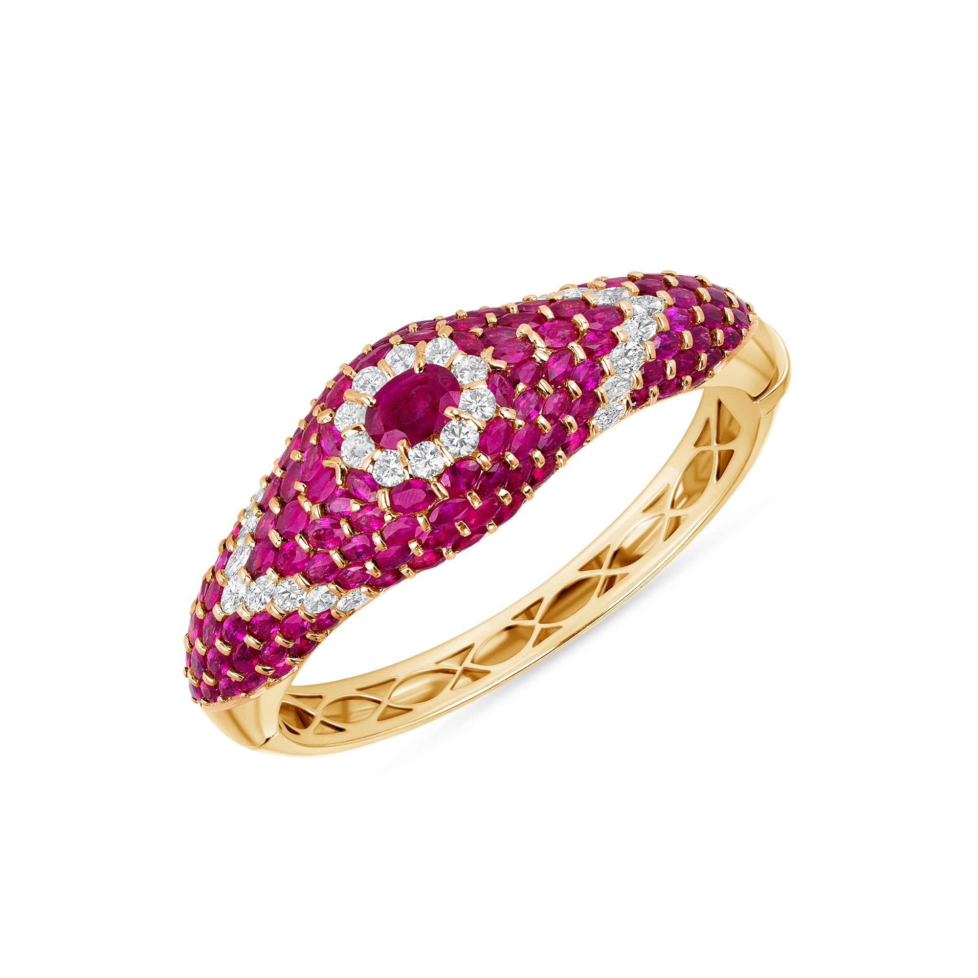 Oval Cut Ruby Cuff Bracelet with Diamond Accents in Yellow Gold