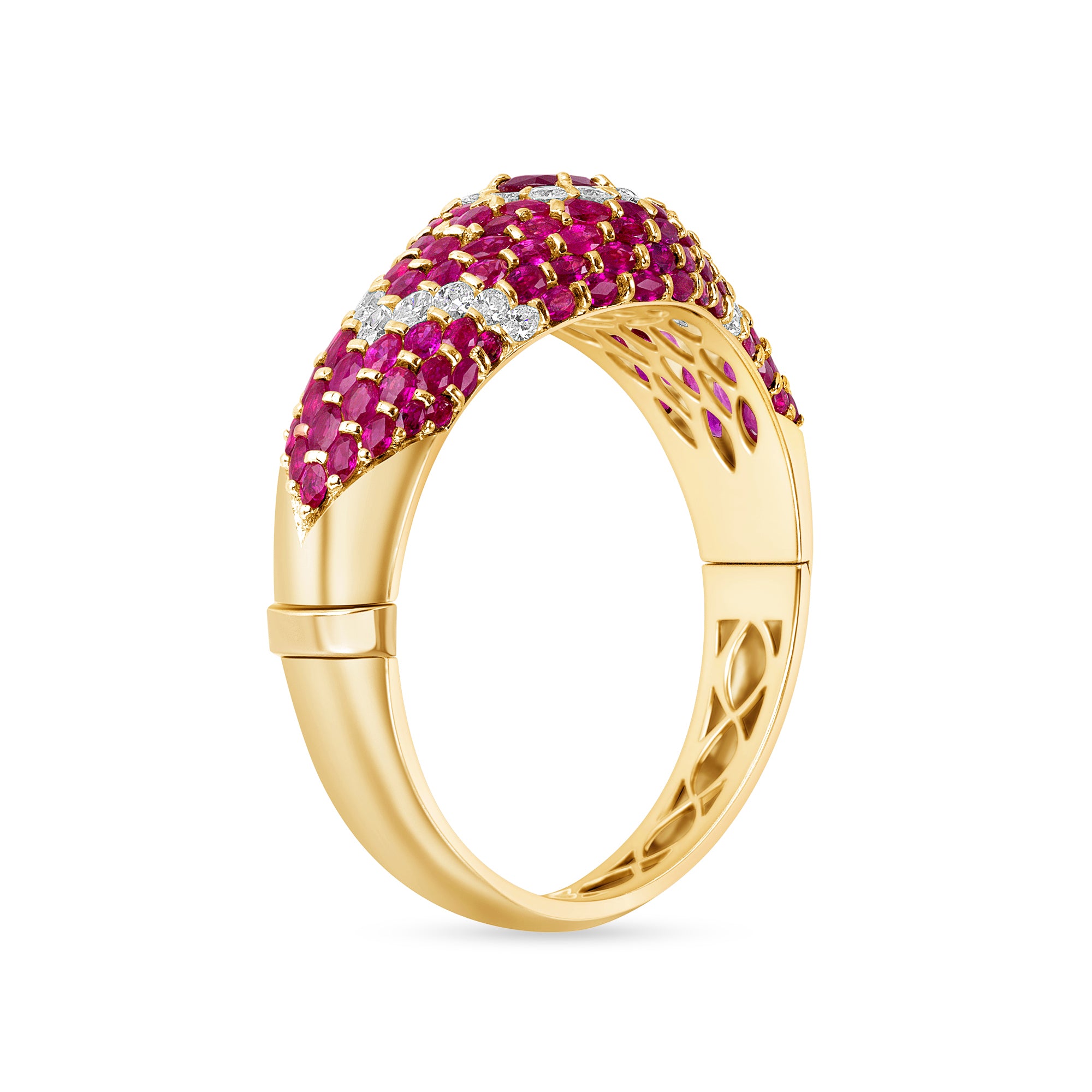 Oval Cut Ruby Cuff Bracelet with Diamond Accents in Yellow Gold