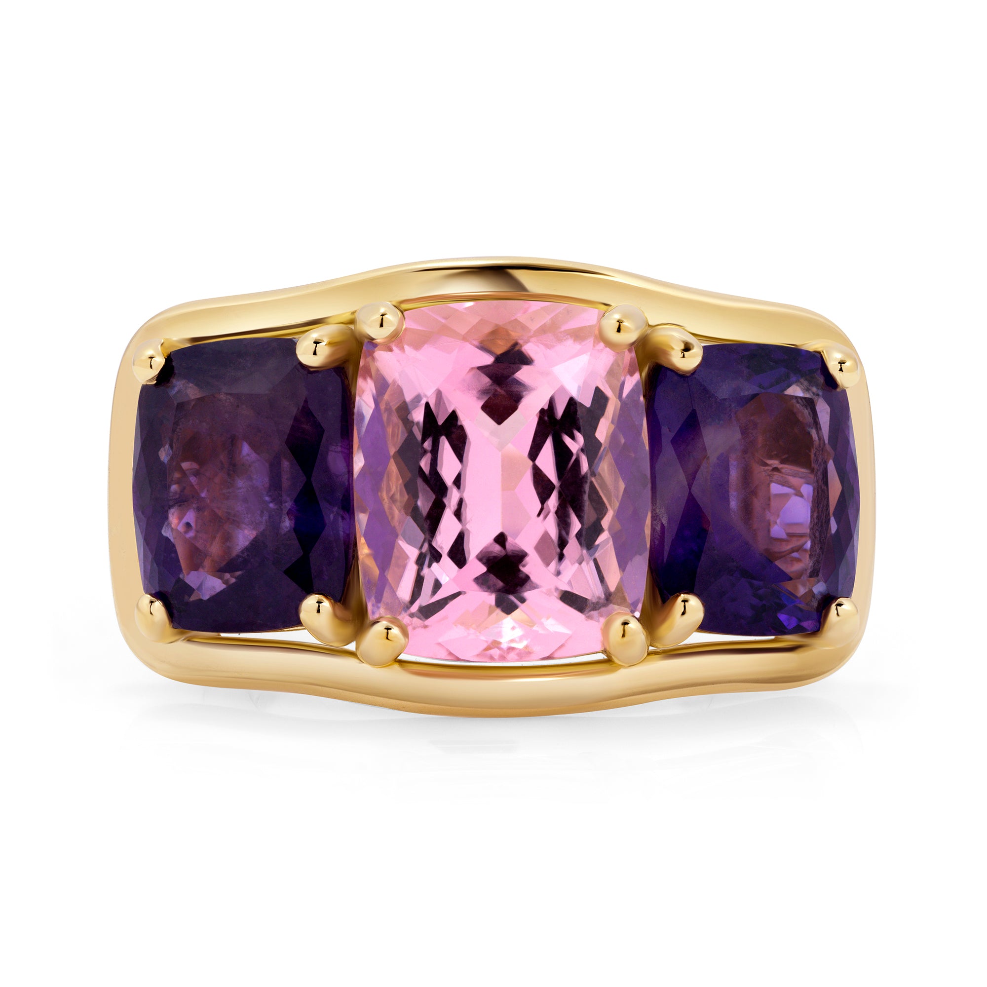 Cushion-Cut Purple Sapphire Three Stone Ring in 18K Yellow Gold