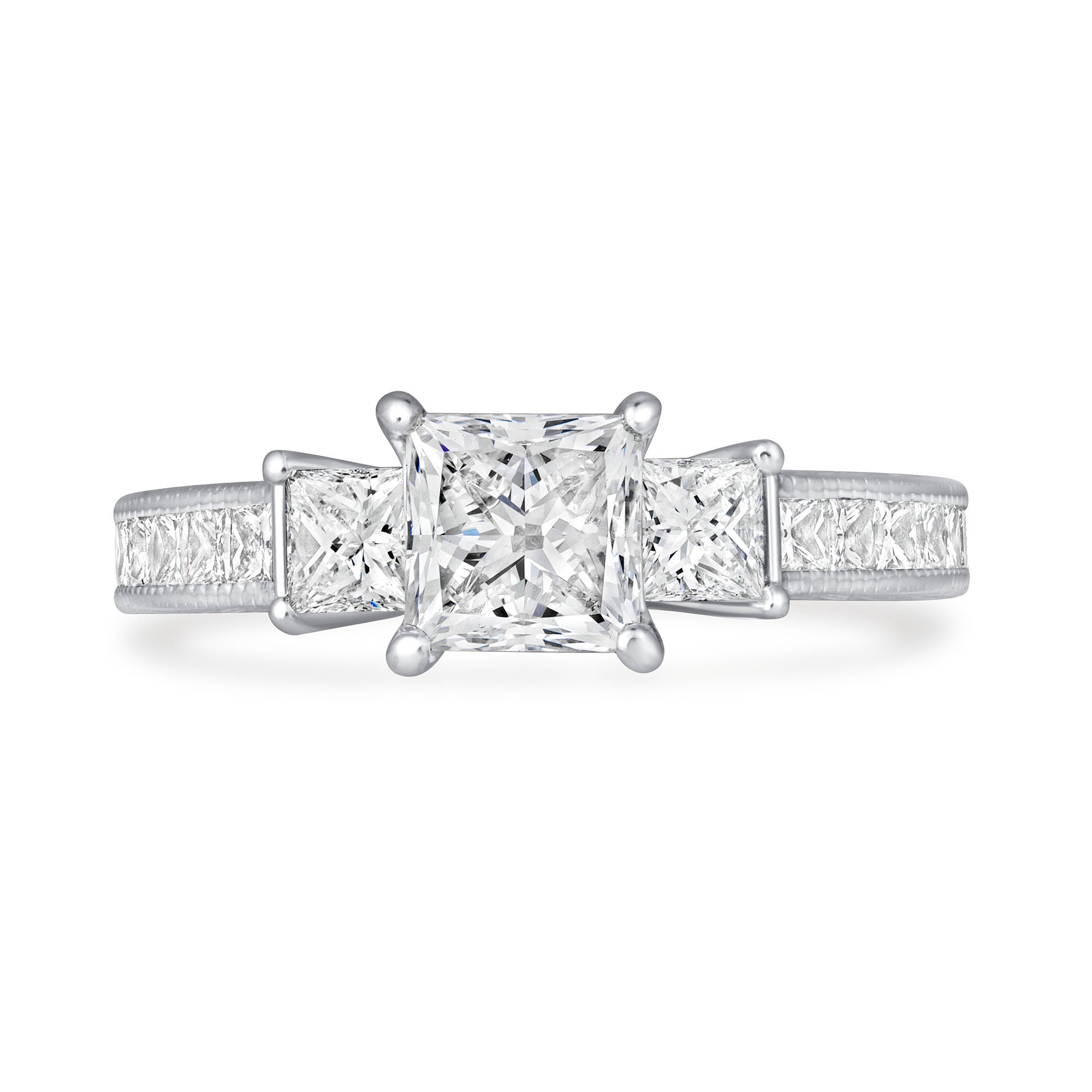 Princess Cut Diamond Three Stone Ring in Channel Set Platinum Ruthenium Band