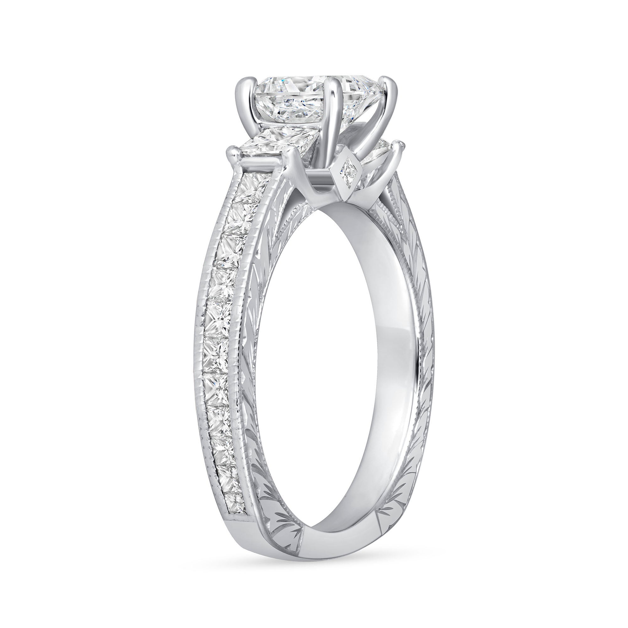 Princess Cut Diamond Three Stone Ring in Channel Set Platinum Ruthenium Band