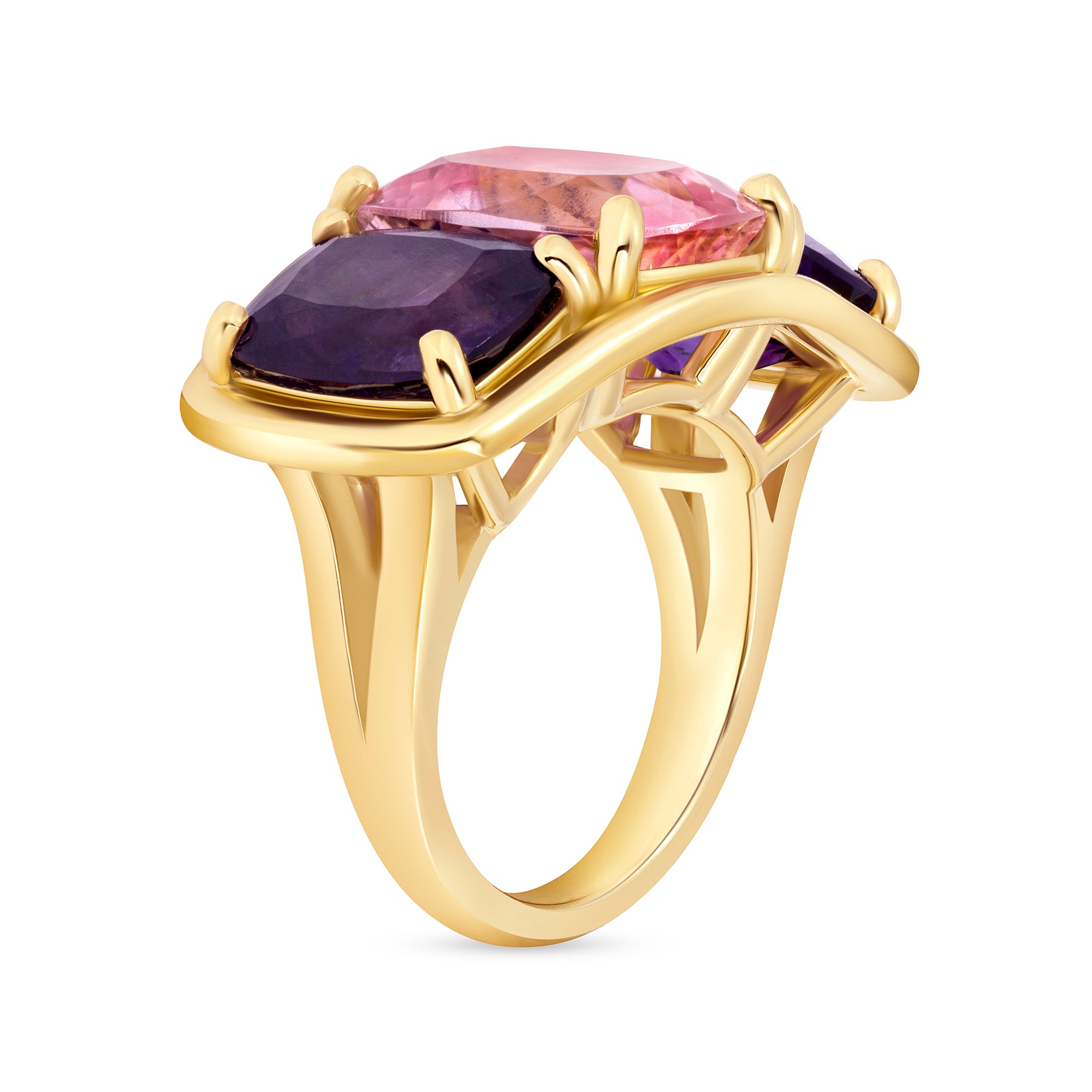 Cushion-Cut Purple Sapphire Three Stone Ring in 18K Yellow Gold