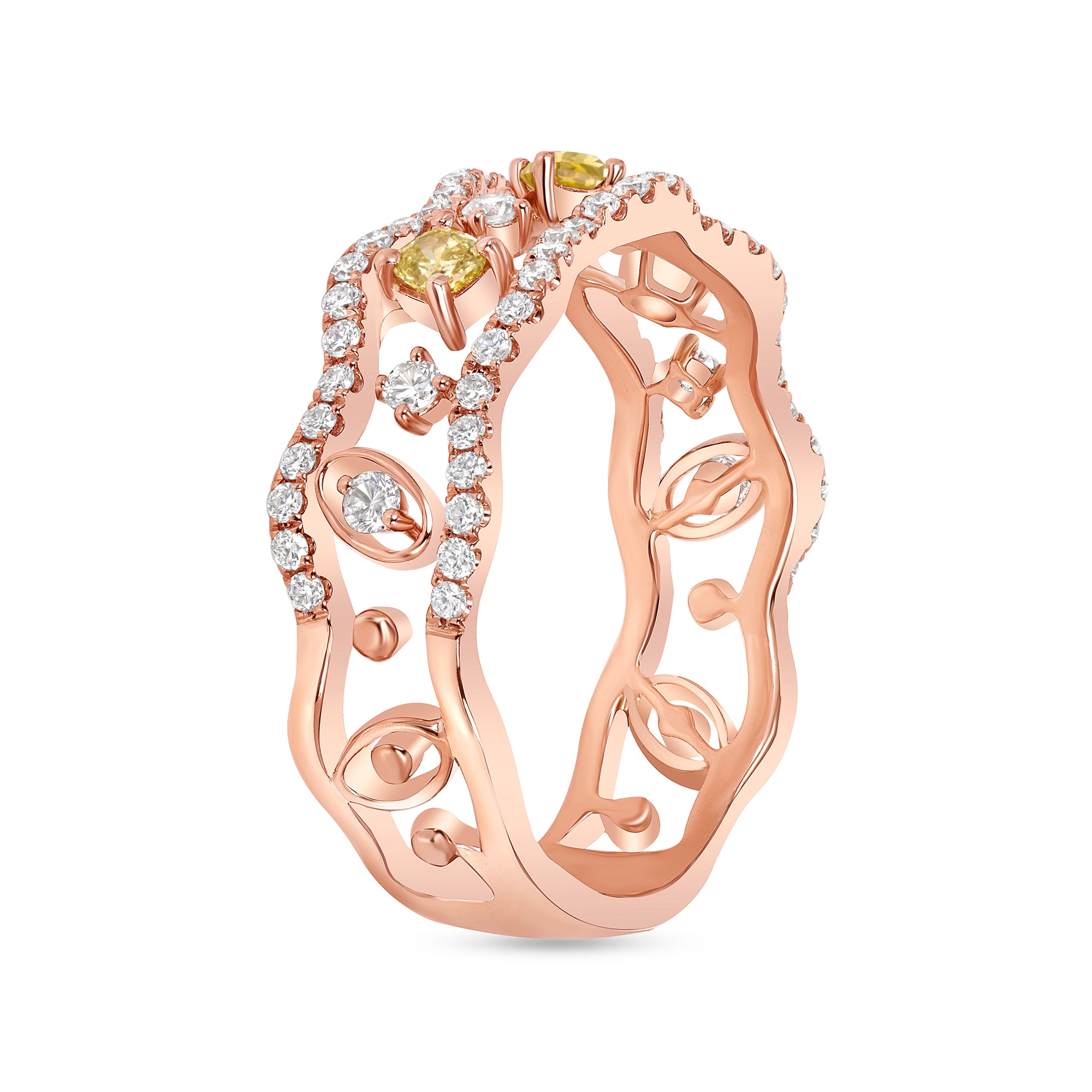 Yellow and White Diamond Openwork Band in 18K Rose Gold