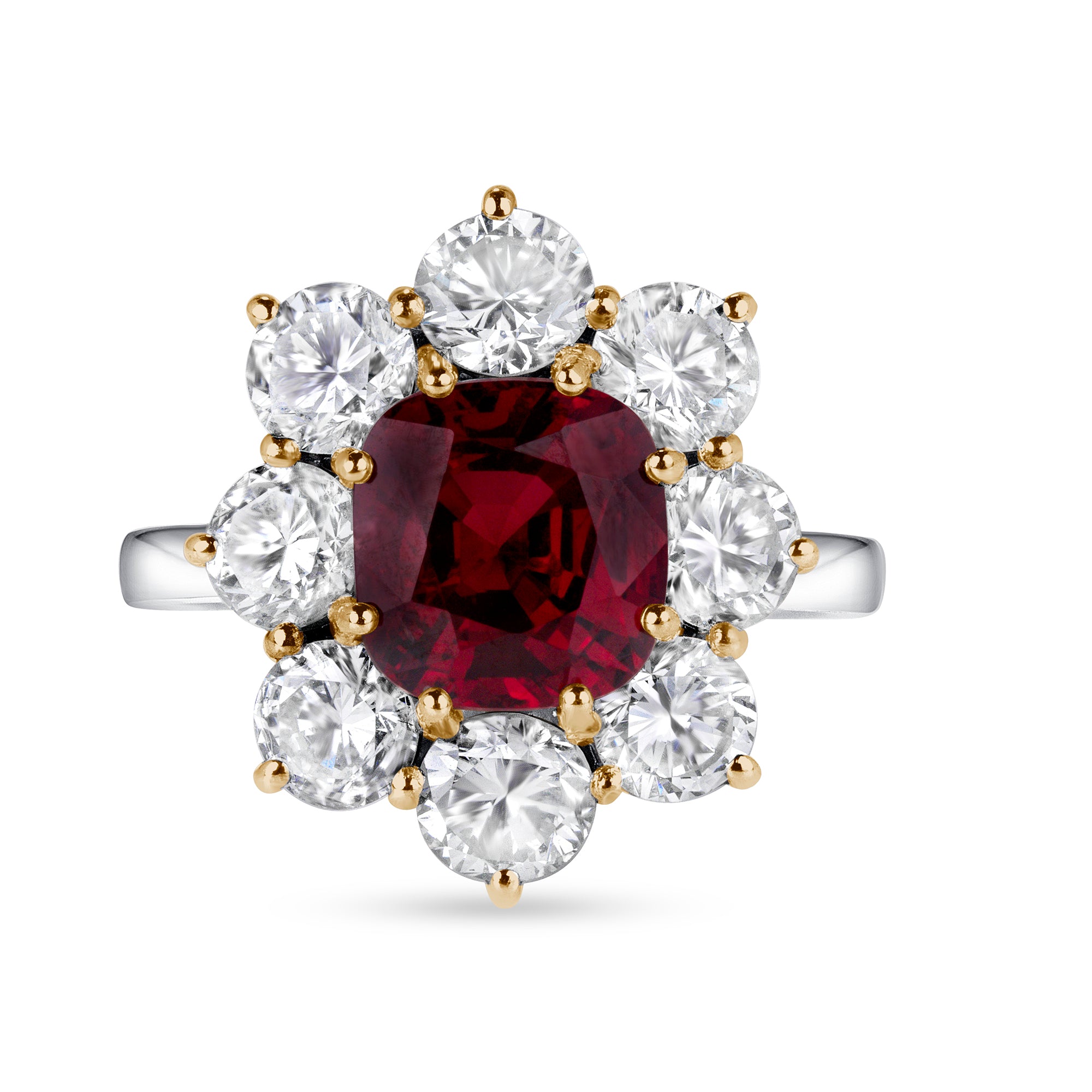 Cushion Cut Ruby and Diamond Halo Ring In Platinum Ruthenium and 18 Karat Yellow Gold