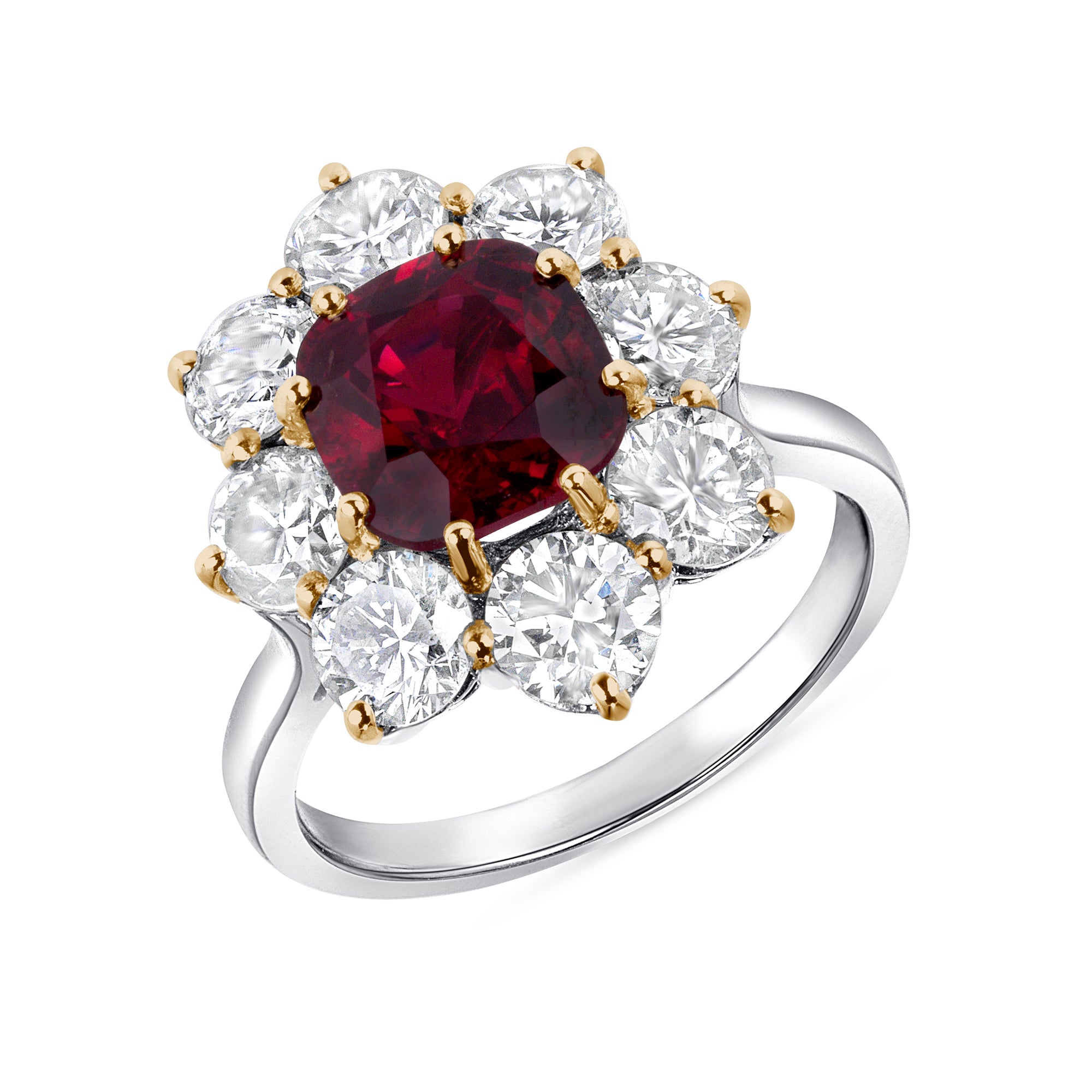 Cushion Cut Ruby and Diamond Halo Ring In Platinum Ruthenium and 18 Karat Yellow Gold