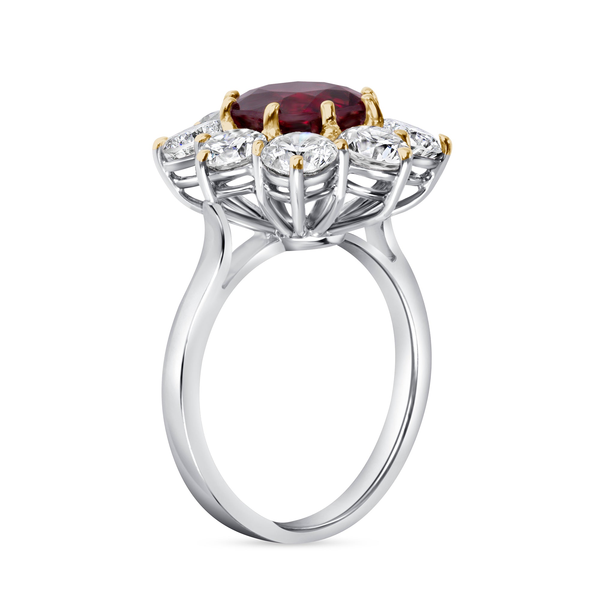 Cushion Cut Ruby and Diamond Halo Ring In Platinum Ruthenium and 18 Karat Yellow Gold