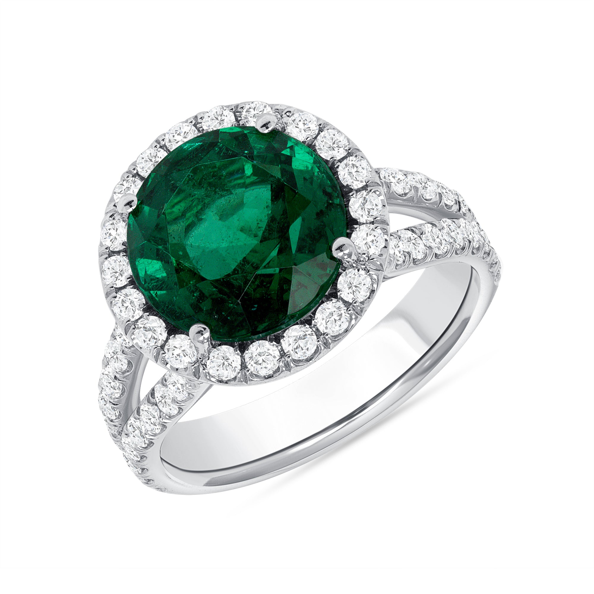 Round Green Emerald Diamond Halo Ring In Platinum