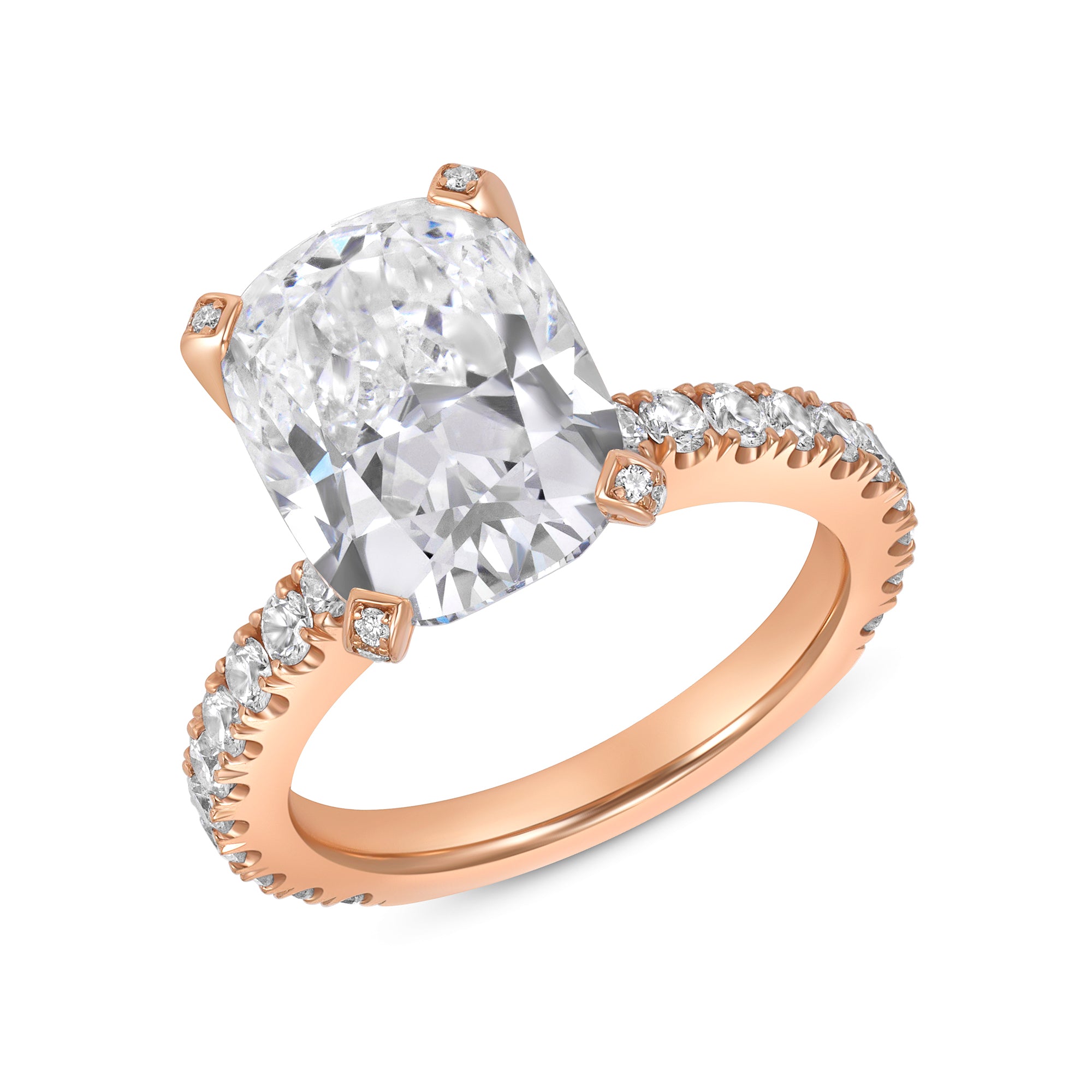 Cushion Cut Diamond Engagement Ring with Pavé Band in 18K Rose Gold